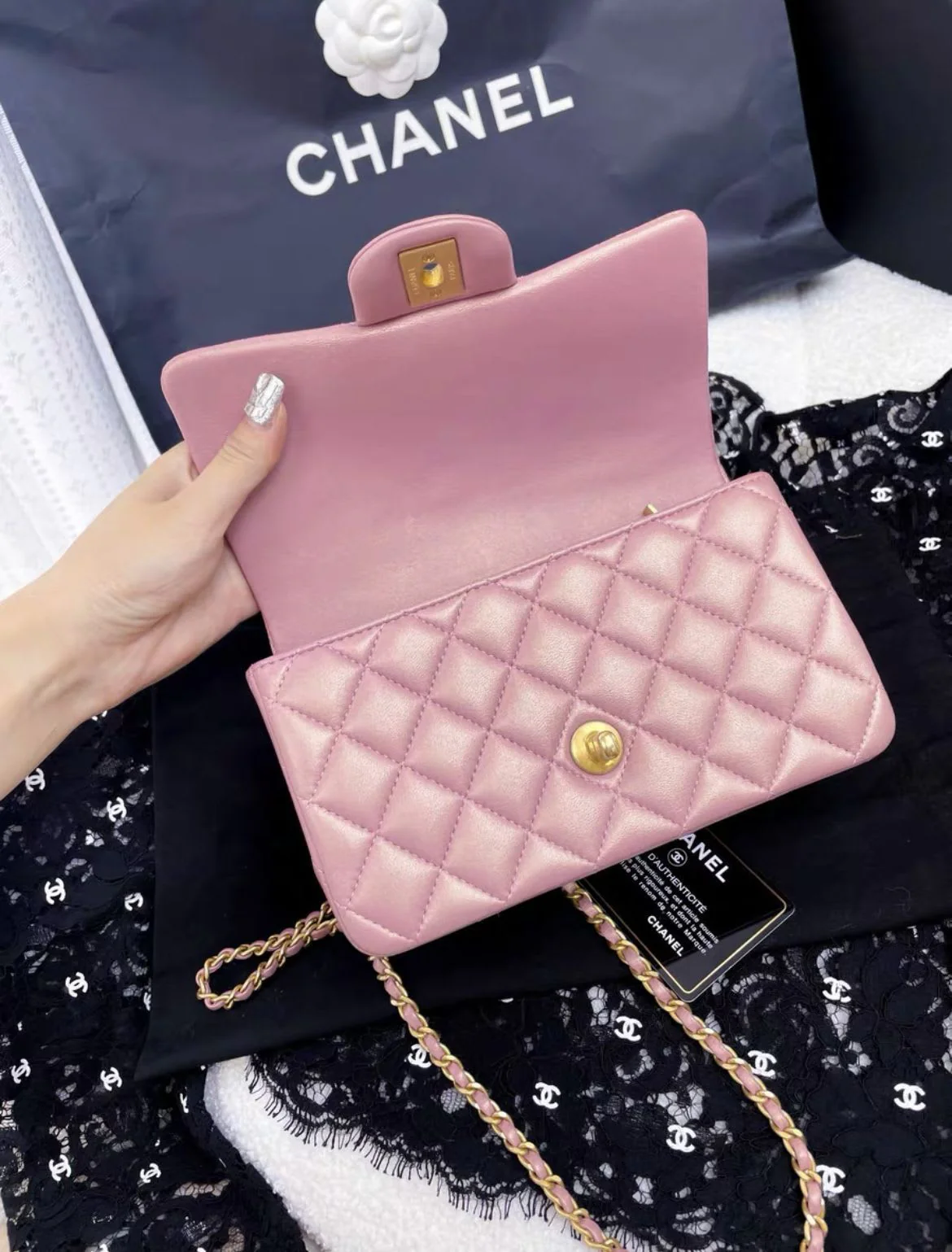 Chanel Mini Rectangular Flap Bag with Top Handle Pink Iridescent Lambskin Antique Gold Hardware - Image 3