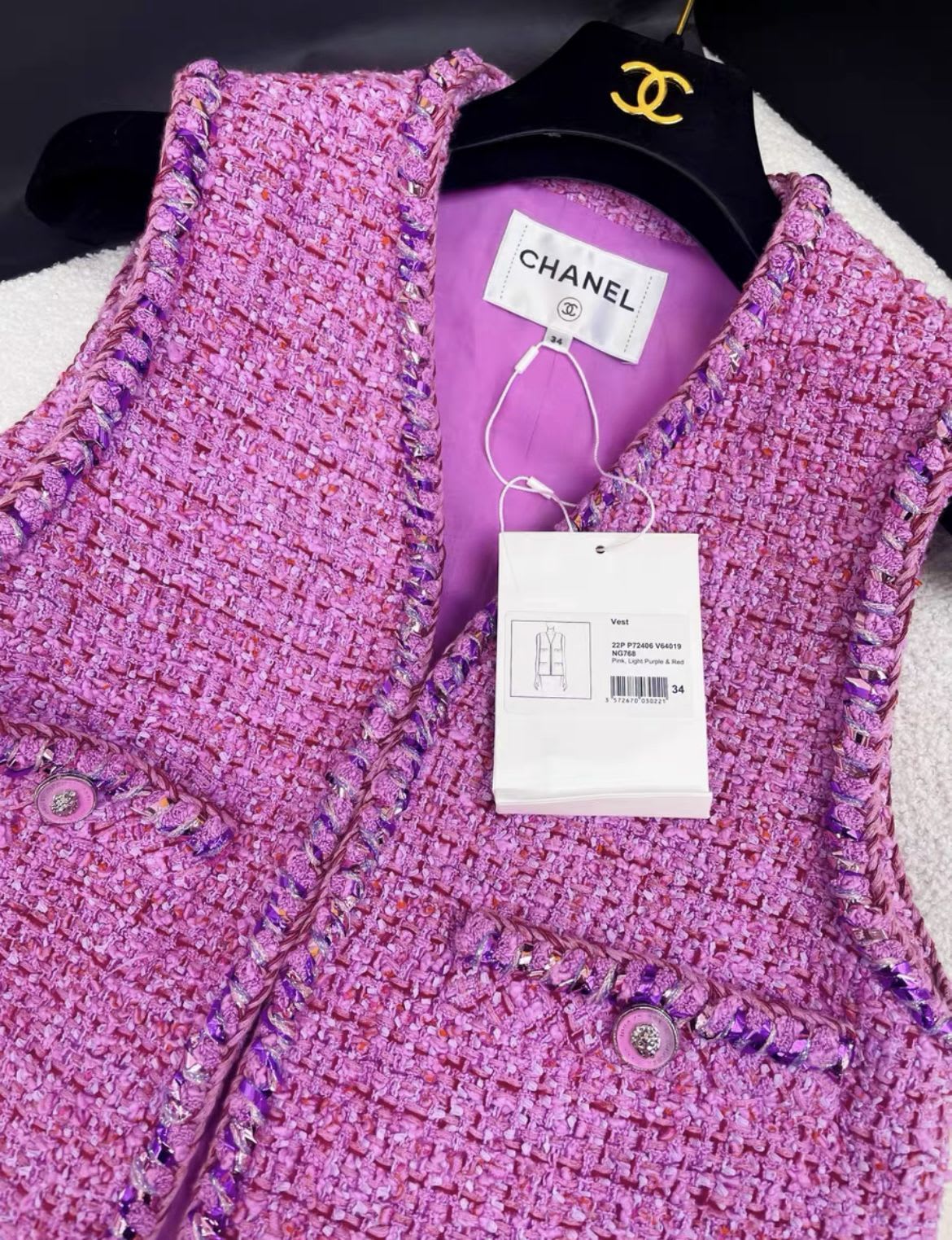 CHANEL 22P TWEED VEST 34 PINK/ LT PURPLE/ RED - Image 3