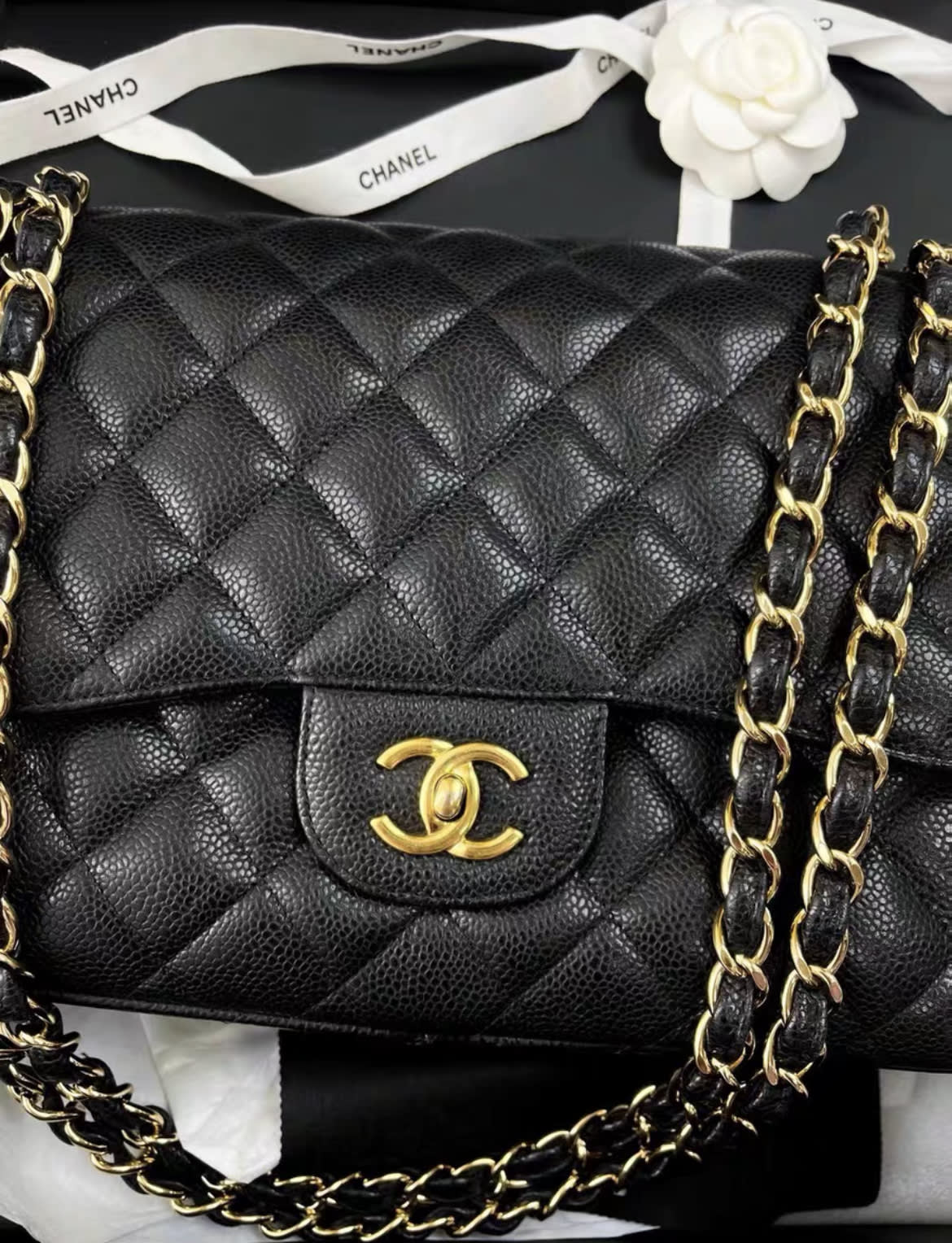 Chanel black lychee cowhide CF large jumbo chain bag - Image 4