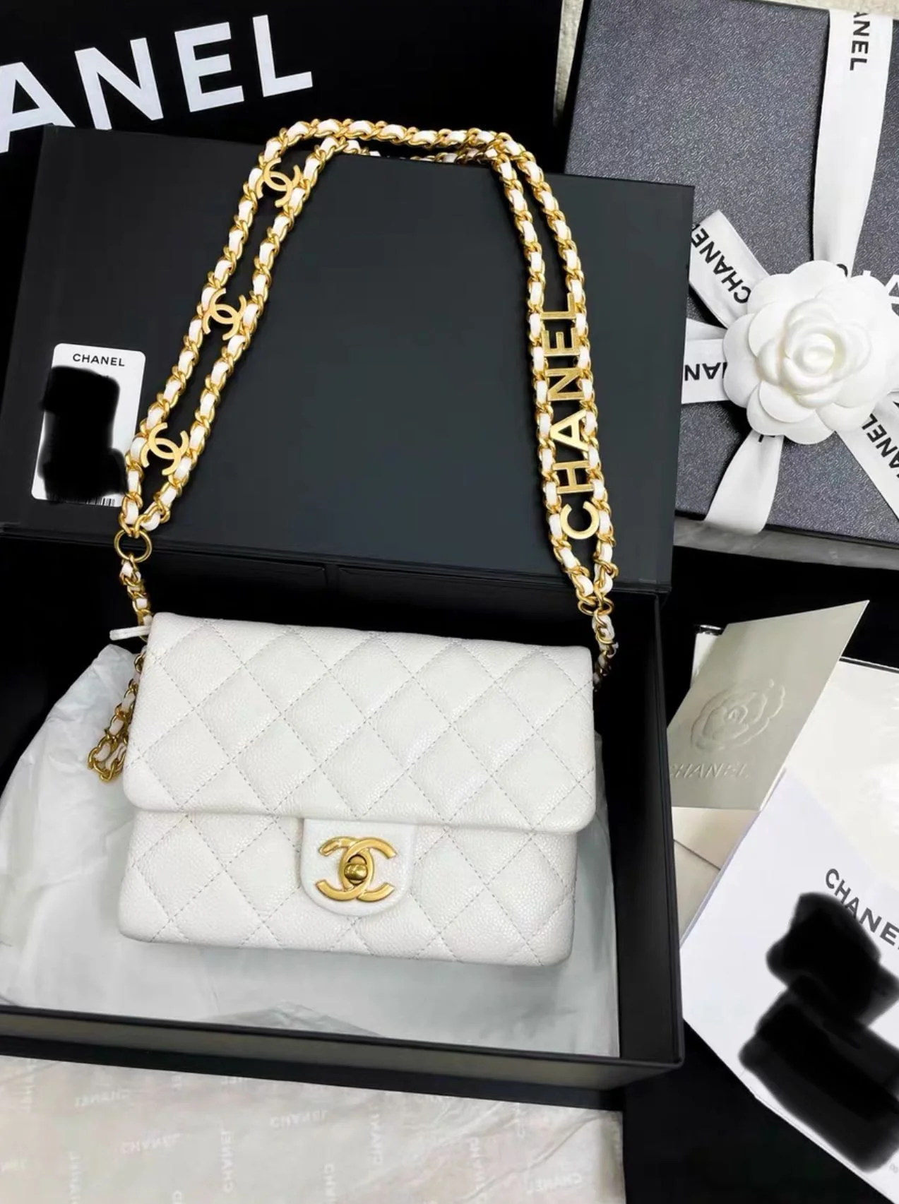 Chanel 22 White Gold Caviar Leather