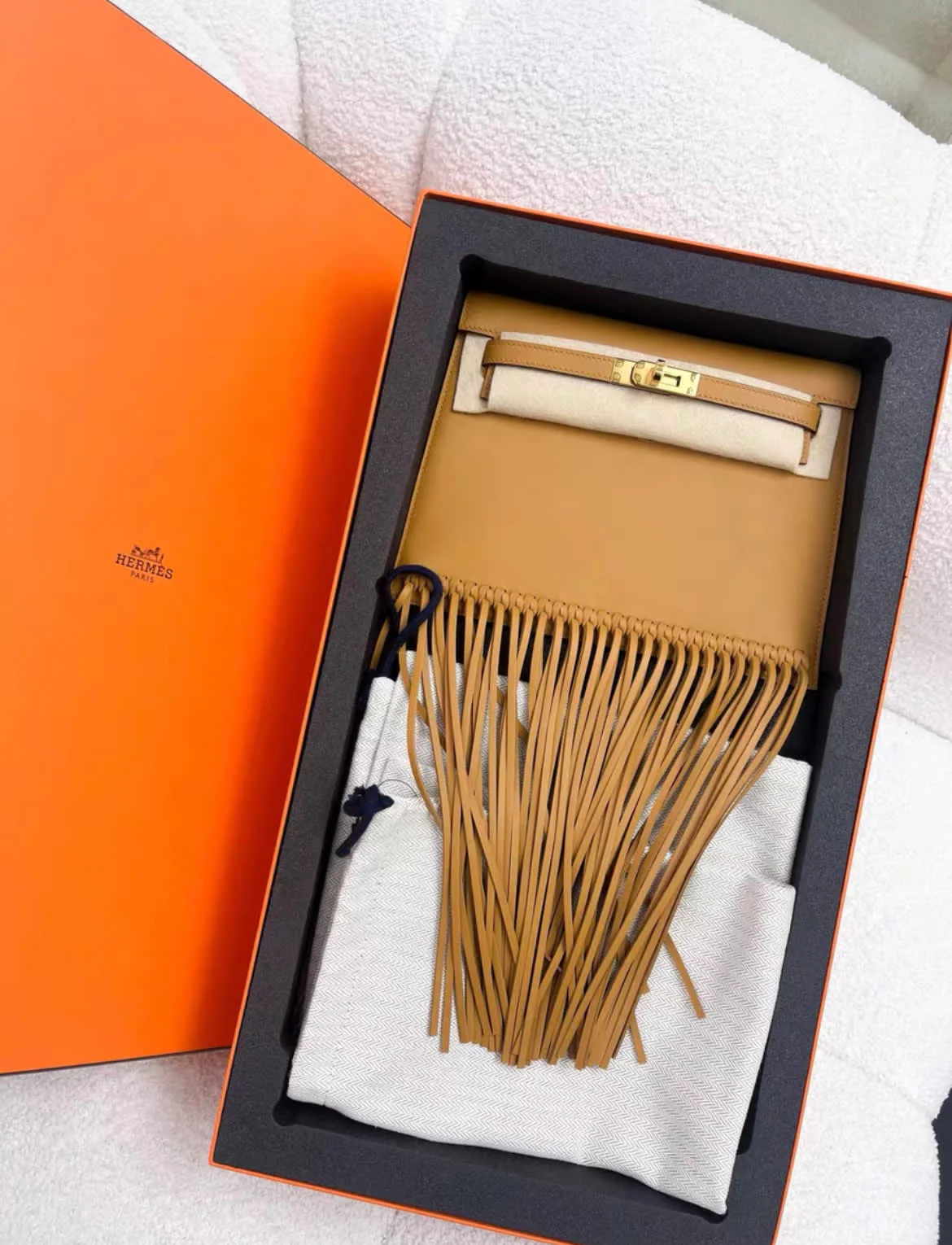 Hermes Kelly Danse Fringe Bag Tabac Sesame with Gold Hardware