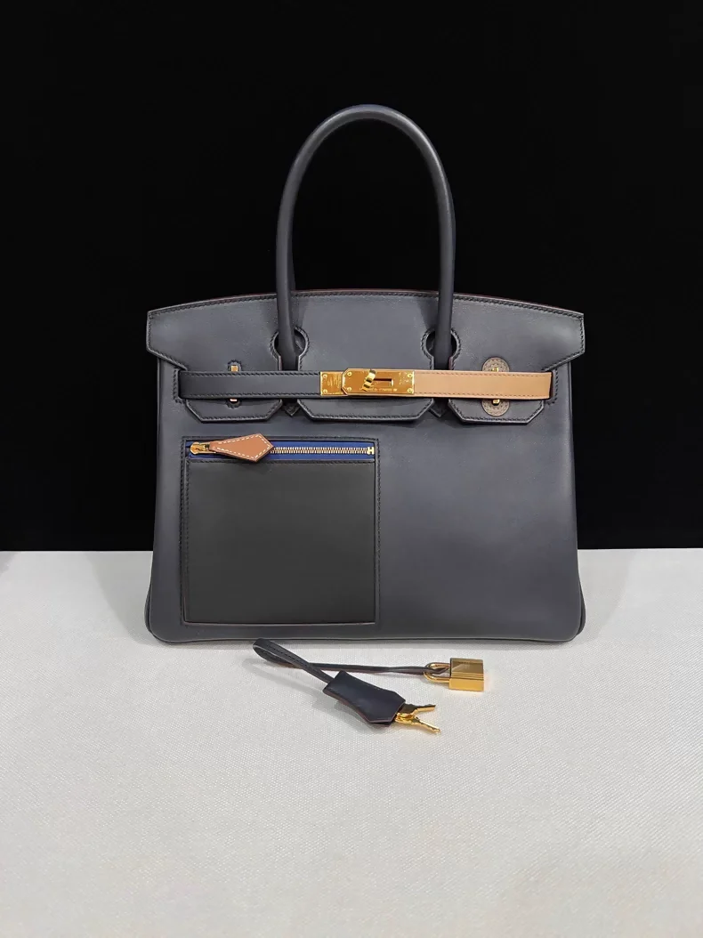 Hermes Birkin 30 Colormatic Blue/Black/Chai/Etoupe grey/Gold Swift leather Silver hardware