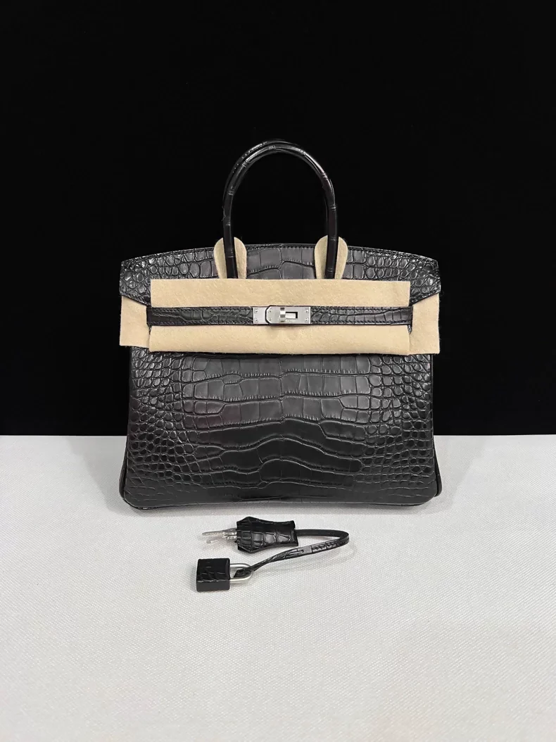 Hermes Birkin 25 black matte crocodile leather brushed palladium hardware