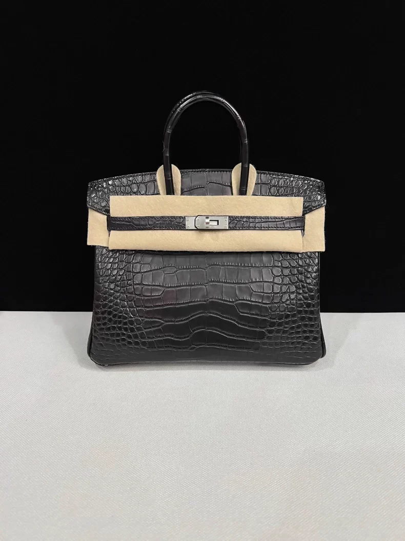 Hermes Birkin 25 black matte crocodile leather brushed palladium hardware - Image 2