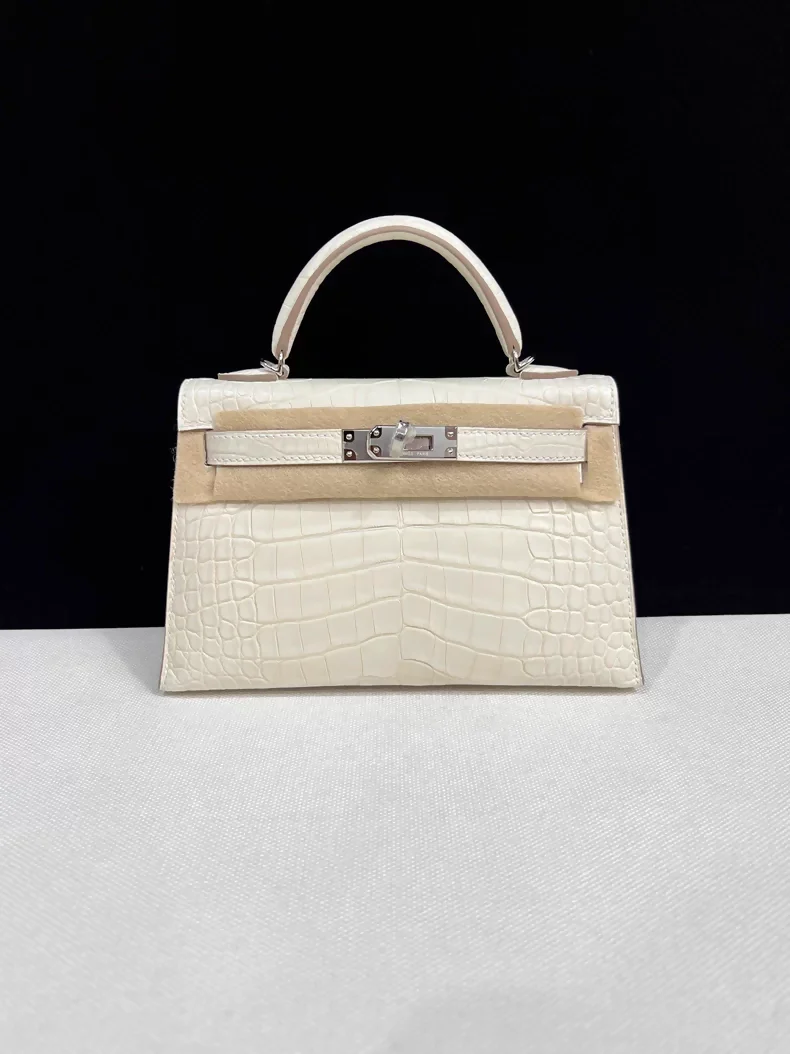 Hermes Mini Kelly 20 Cream White matte Crocodile Leather palladium hardware