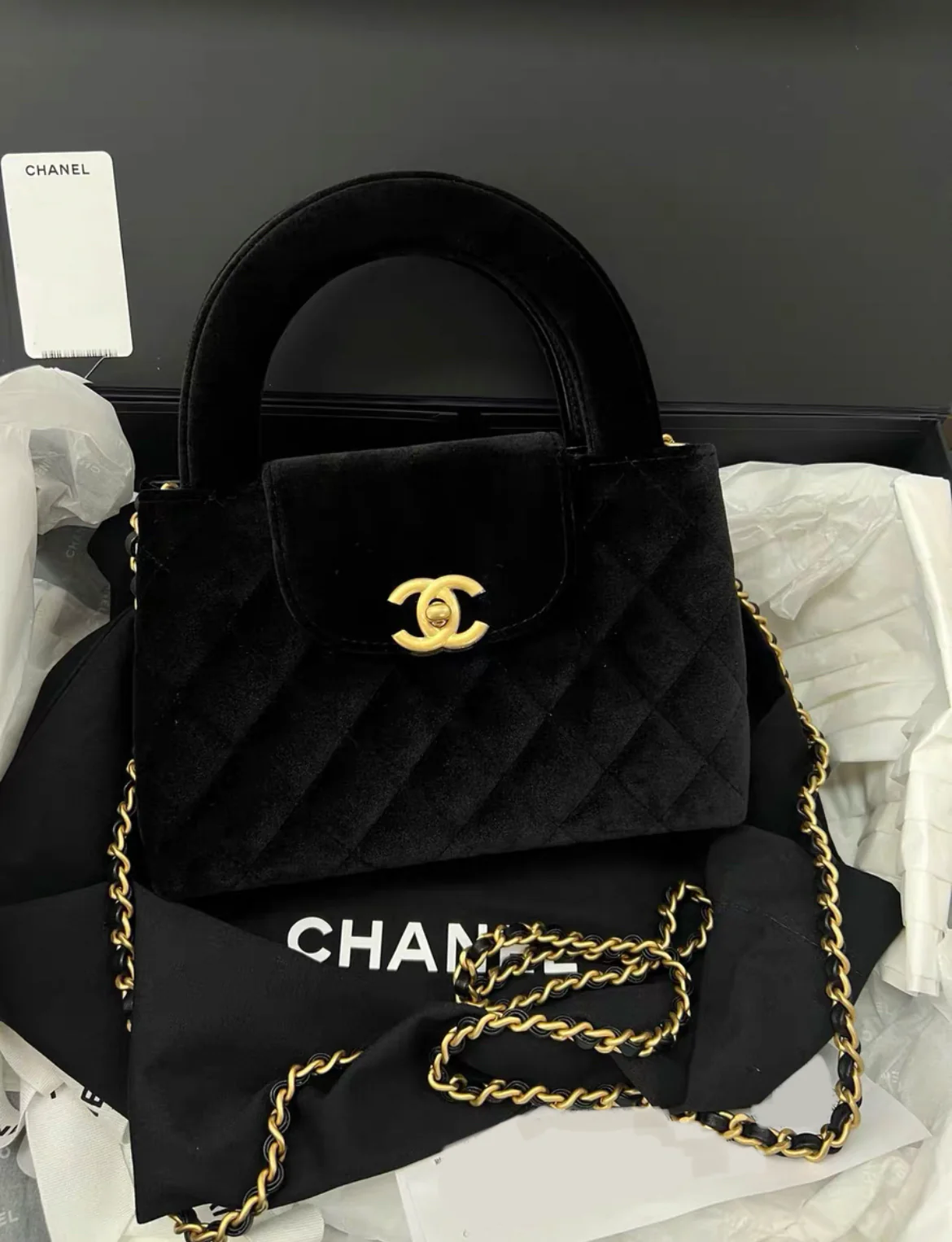24A CHANEL KELLY Black VELVET Top Handle Shopping Bag Handbag Gold - Image 3