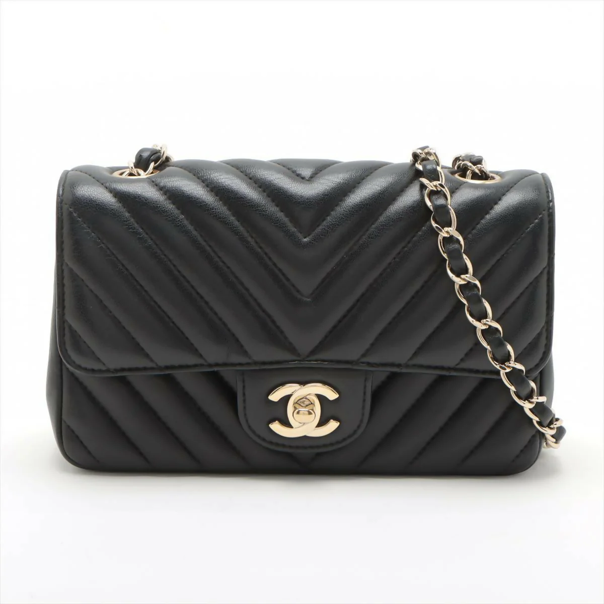 Chanel Black Lambskin Chevron Quilted Big Mini Rectangular Flap Bag
