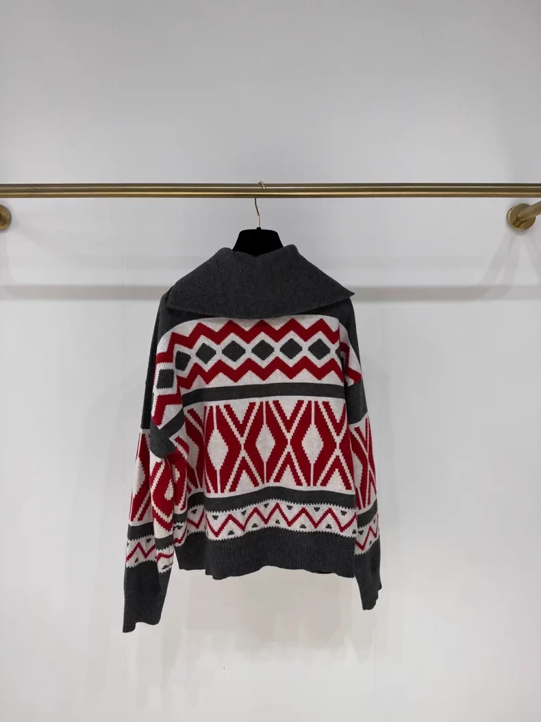Brunello Cucinello Red Jacquard Half-Zip Cashmere Knit Sweater, - Image 3