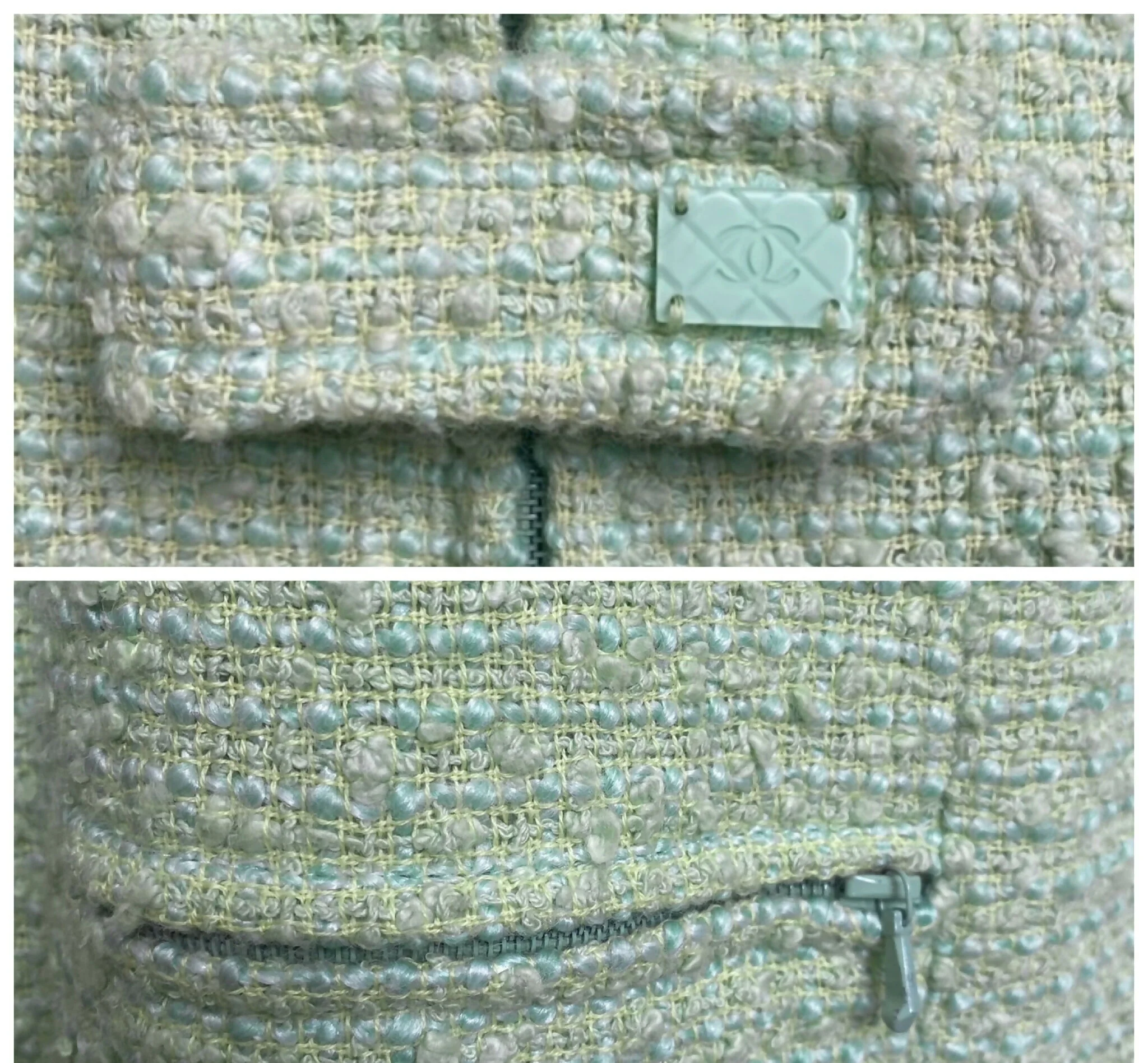 Chanel 04C Mint Green Tweed Boucle Zippered Appliqués Jacket FR 42 - Image 3