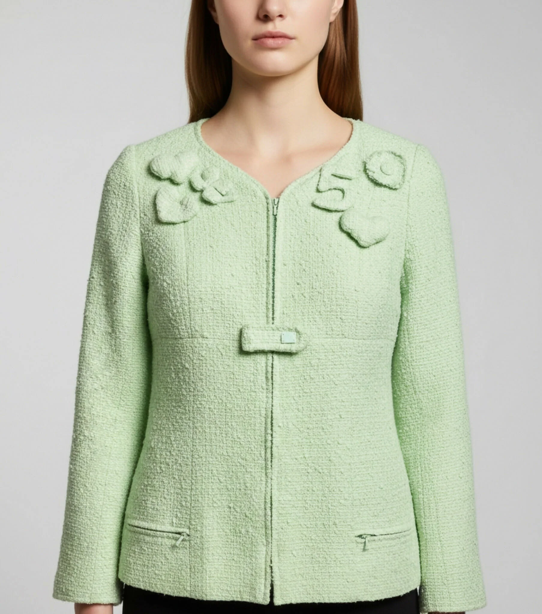 Chanel 04C Mint Green Tweed Boucle Zippered Appliqués Jacket FR 42 - Image 4