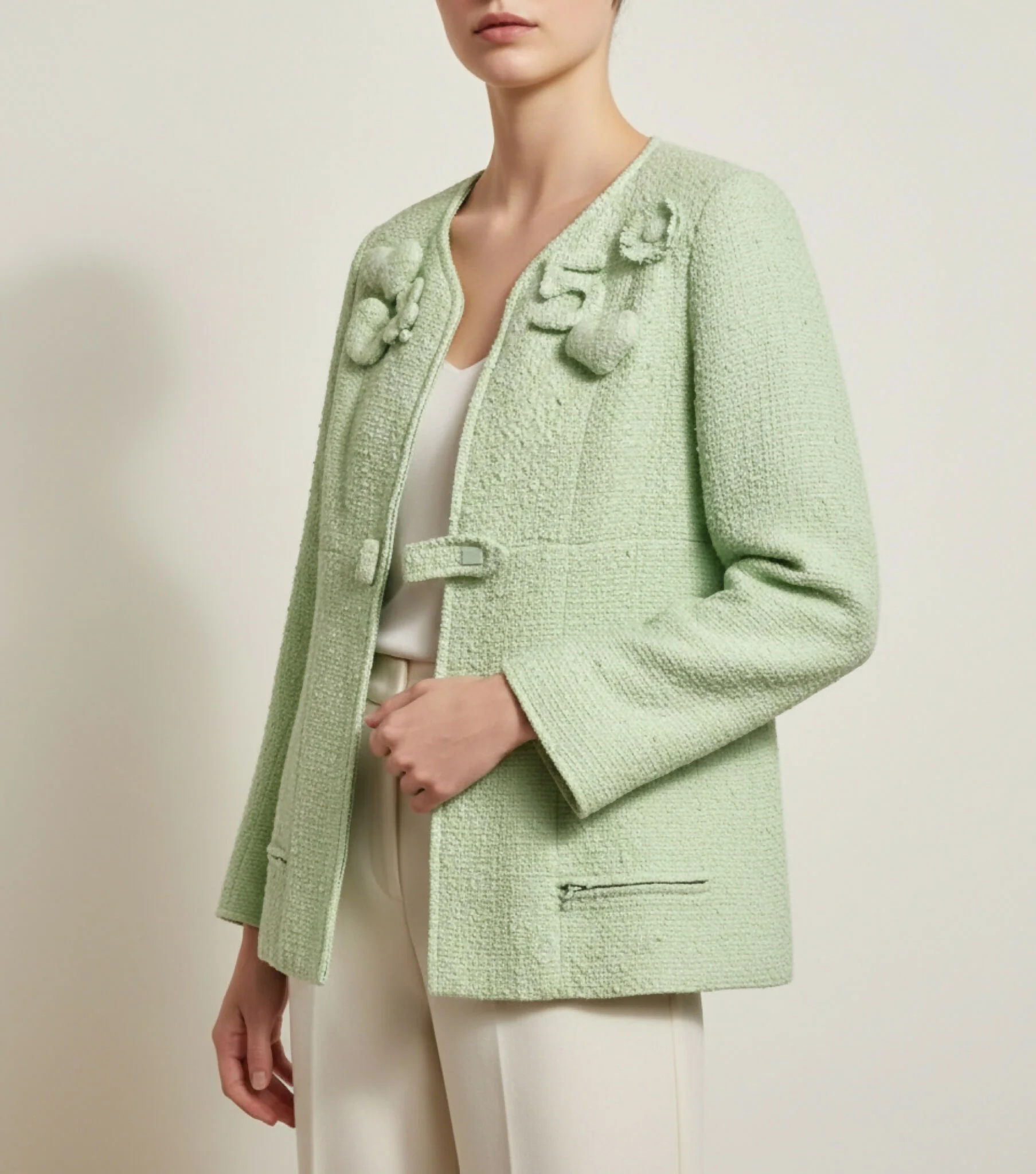 Chanel 04C Mint Green Tweed Boucle Zippered Appliqués Jacket FR 42 - Image 5
