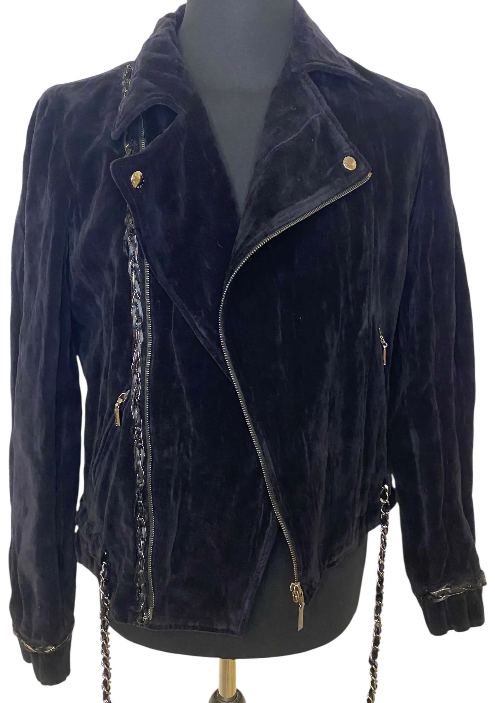 Chanel 06A Black Washed Velvet Bomber Biker Jacket Removable Chain Link Belt FR 48 - Image 2