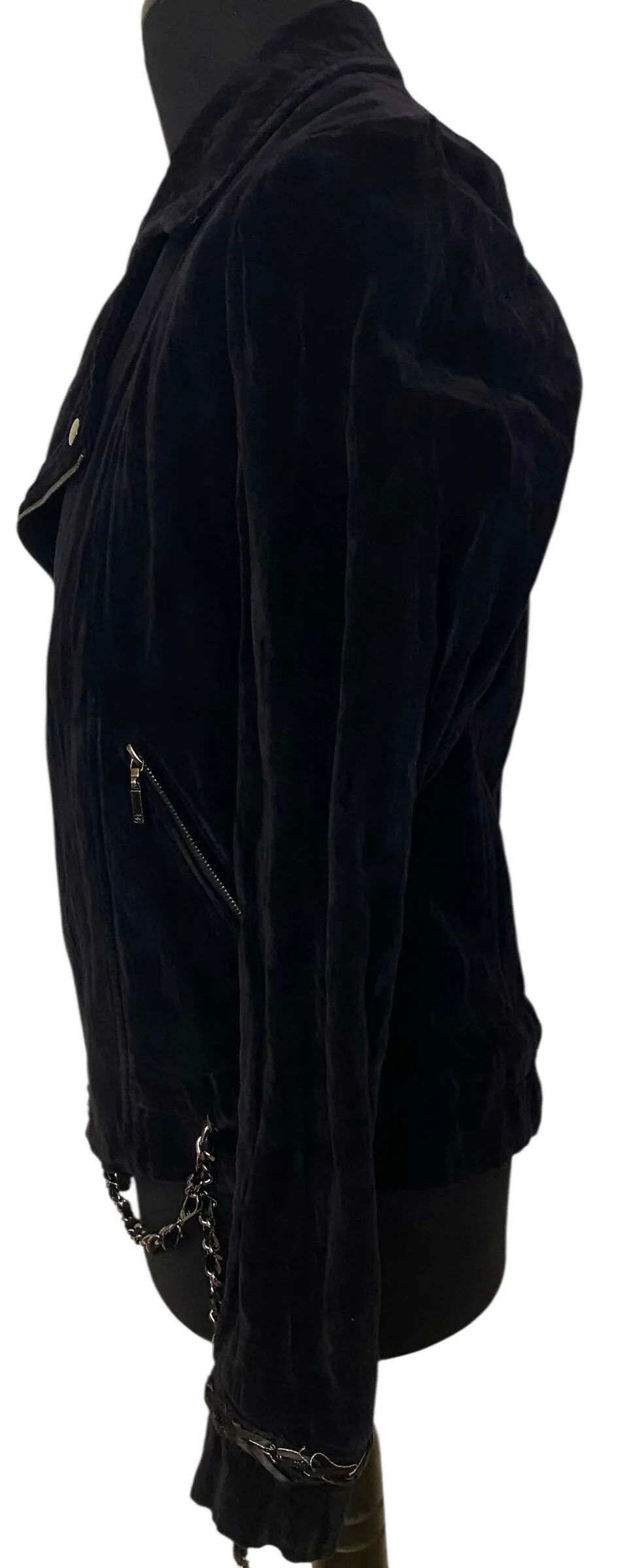 Chanel 06A Black Washed Velvet Bomber Biker Jacket Removable Chain Link Belt FR 48 - Image 3