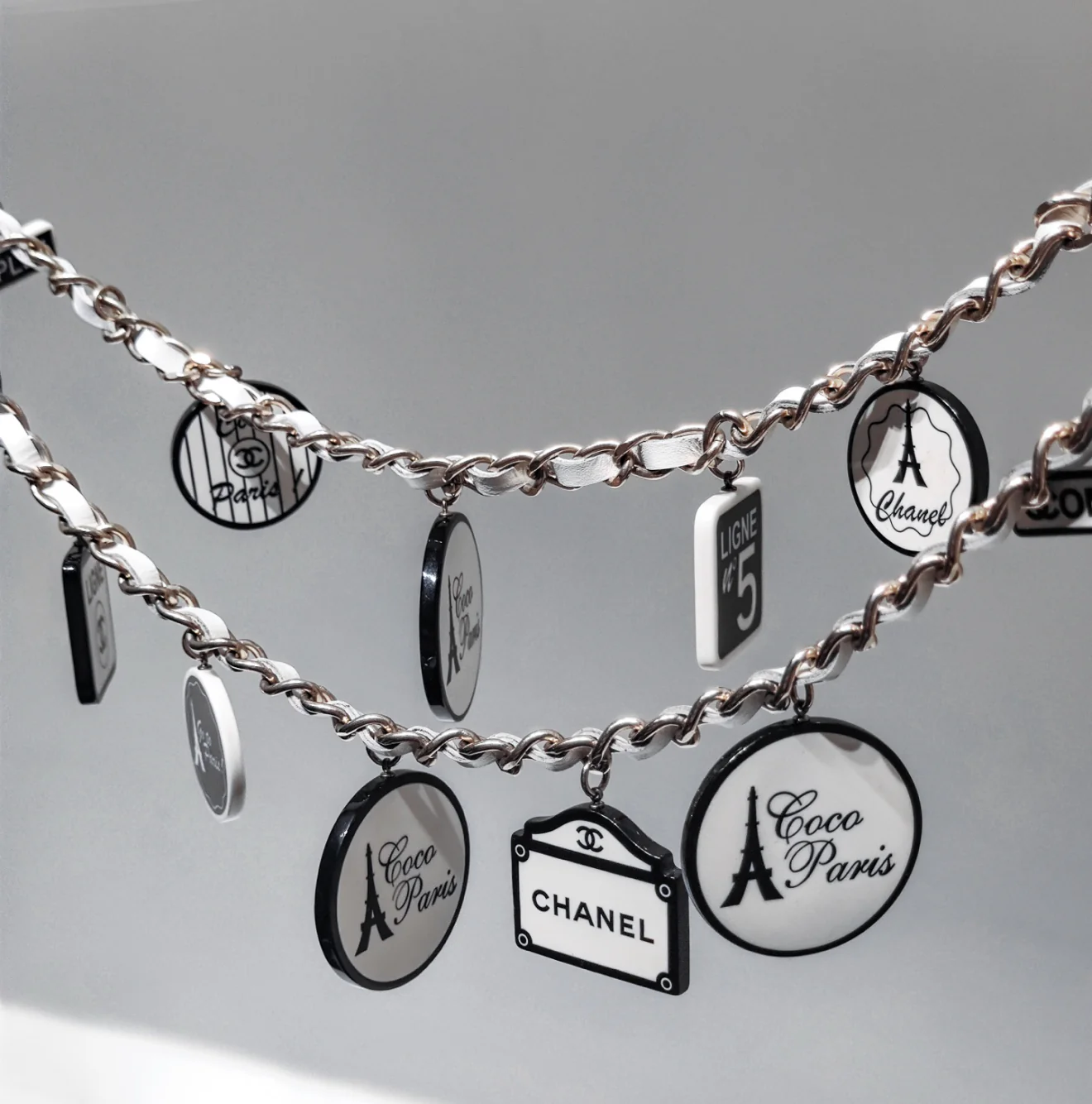 Chanel 06C Black and White Acrylic Multi-Element Pendant Leather-Threaded Chain Necklace - Image 2