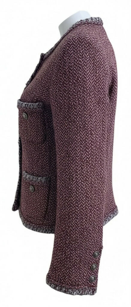 CHANEL 08A BURGUNDY GREY BRAIDED TRIM TWEED JACKET BLAZER FR 38 - Image 4