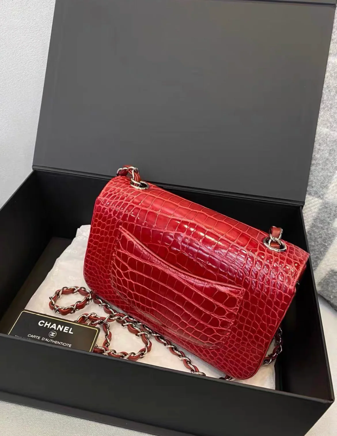 CHANEL Red Shiny Alligator Classic Mini Flap Bag with Silver Hardware - Image 2