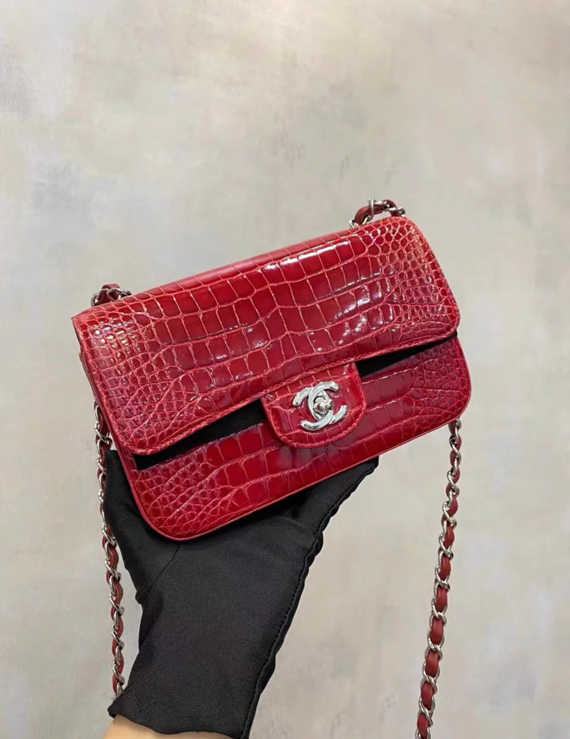 CHANEL Red Shiny Alligator Classic Mini Flap Bag with Silver Hardware - Image 3