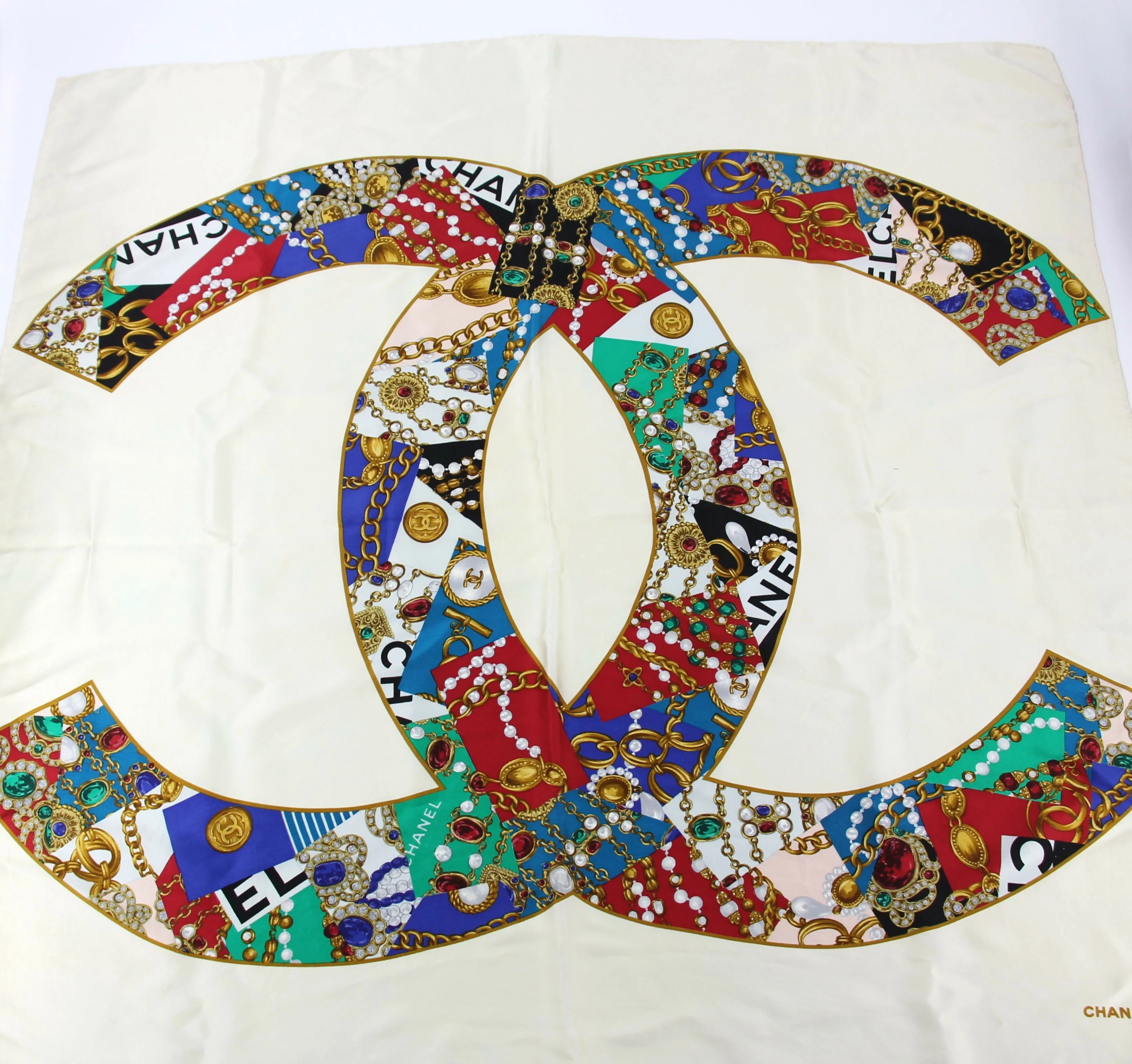 Chanel 100% Silk Beige Jewelry Pattern Scarf