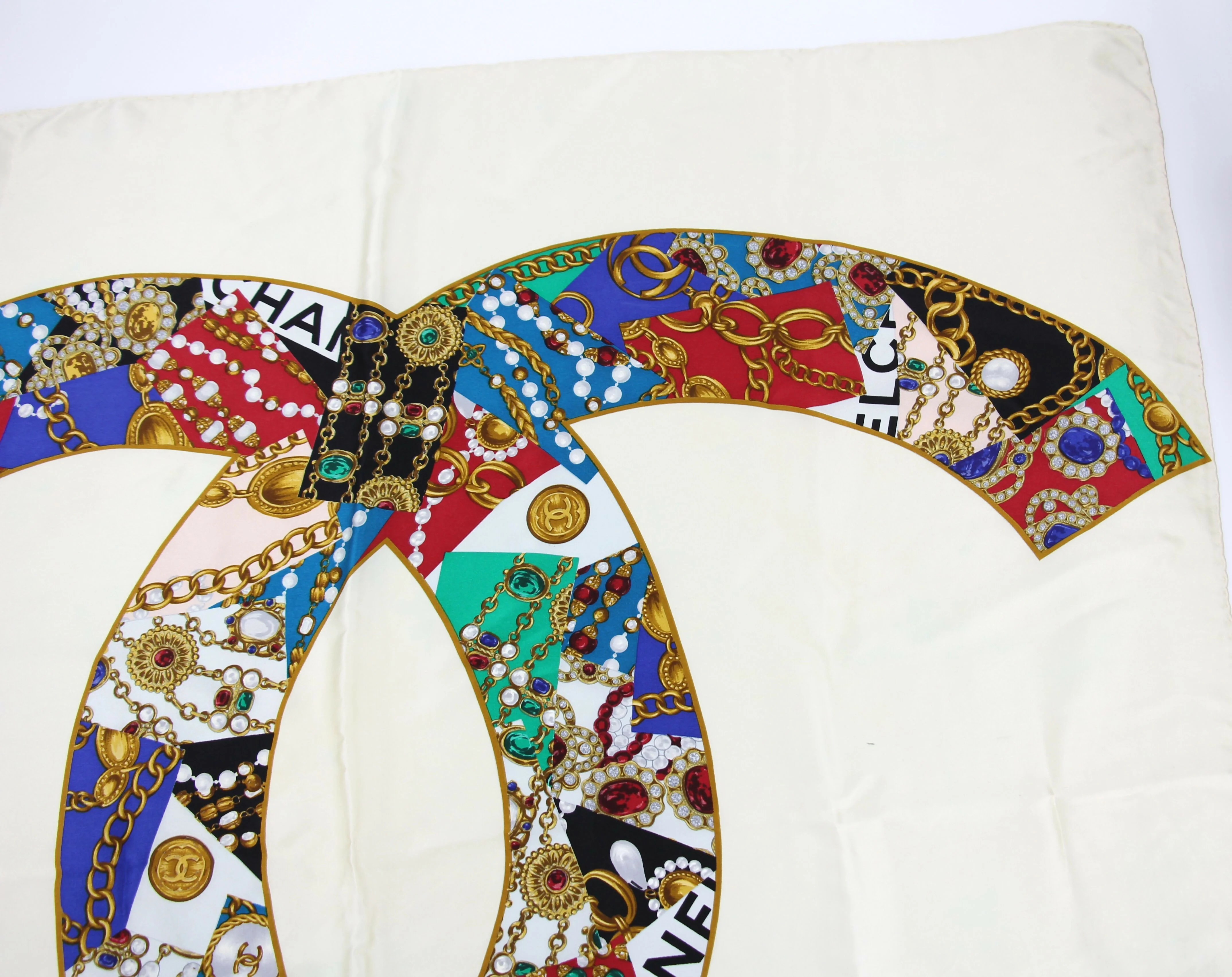 Chanel 100% Silk Beige Jewelry Pattern Scarf - Image 3