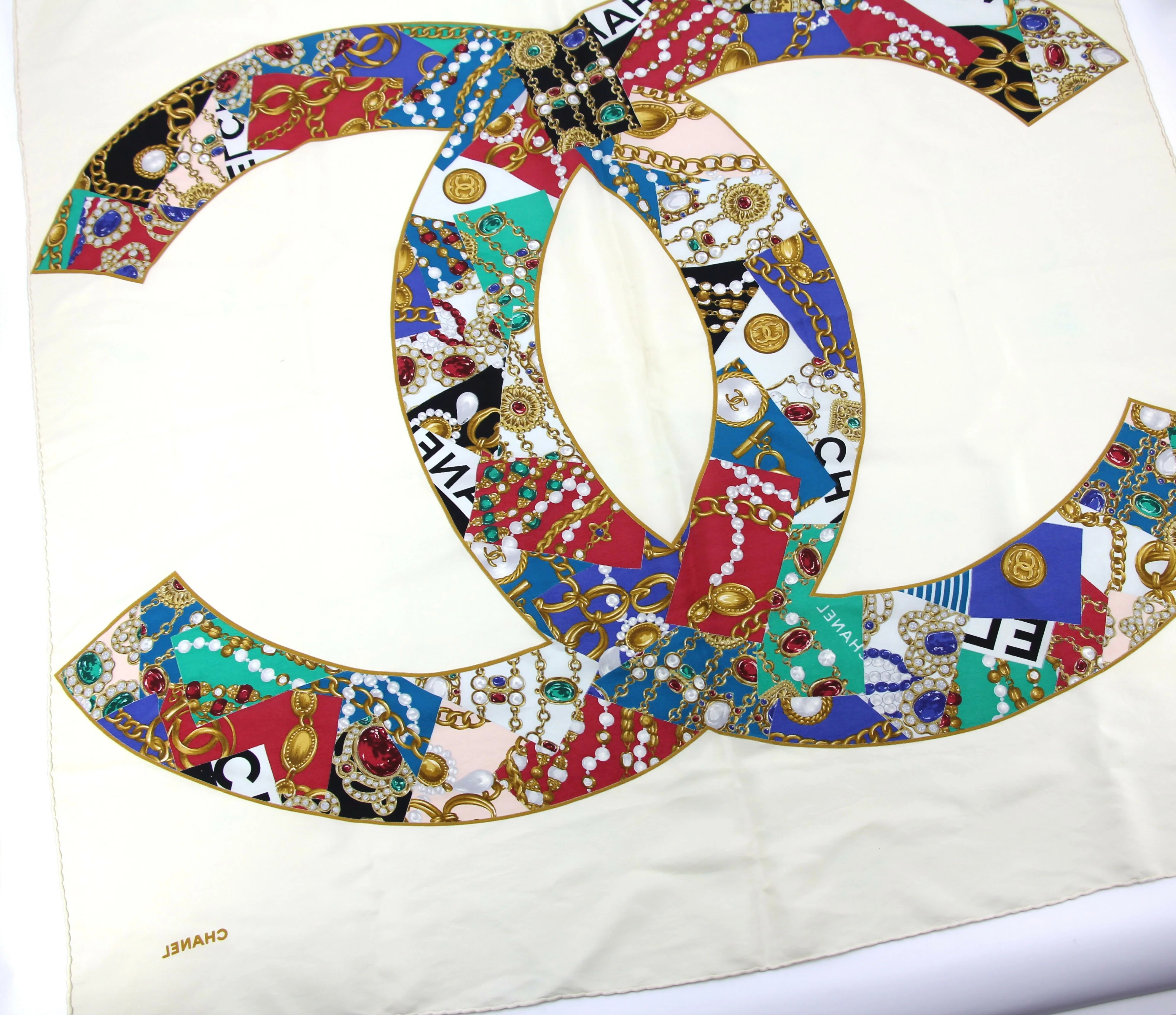 Chanel 100% Silk Beige Jewelry Pattern Scarf - Image 8