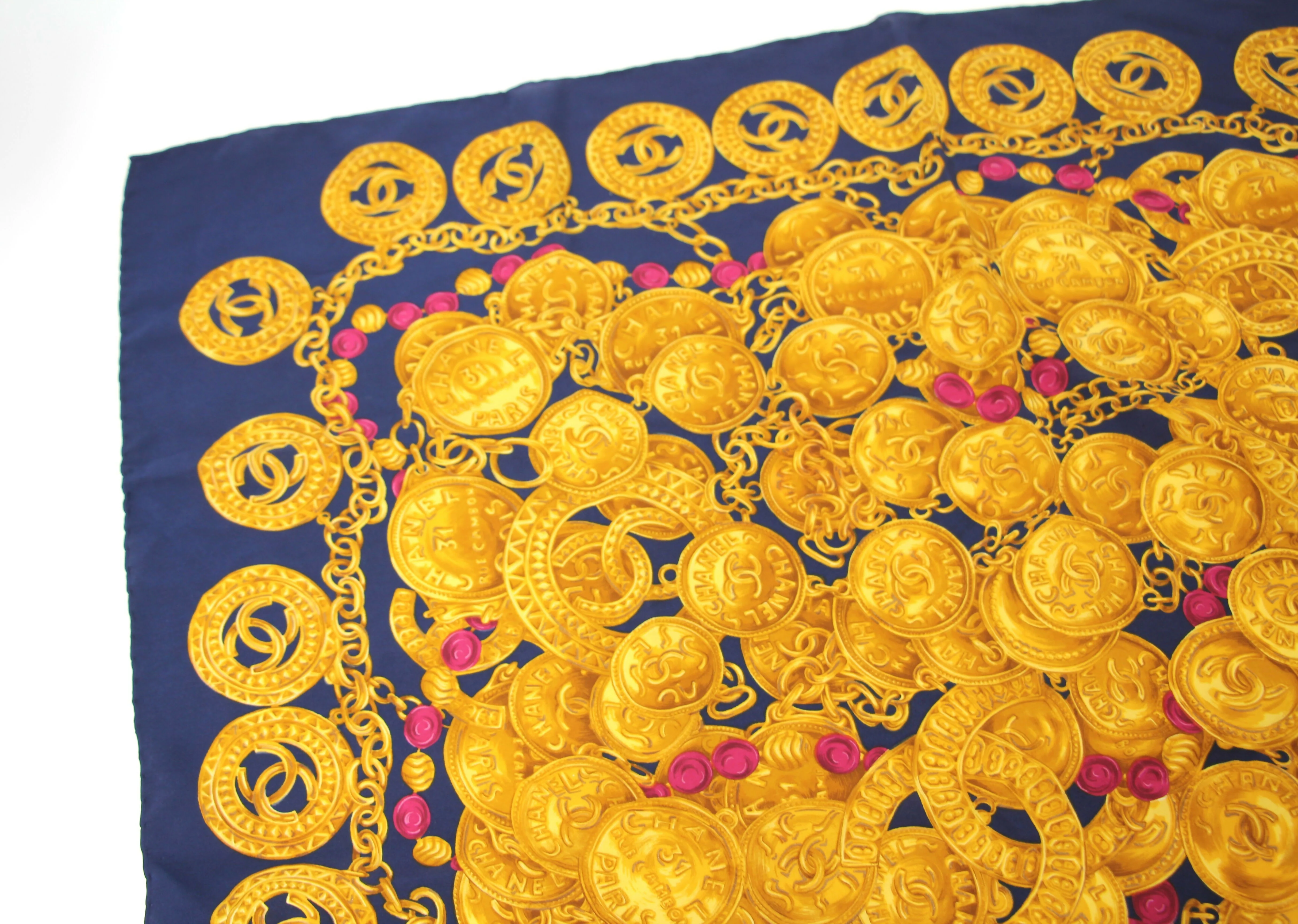 Chanel 100% Silk Navy Blue Chain and Gold Coin Pattern Scarf - Image 3