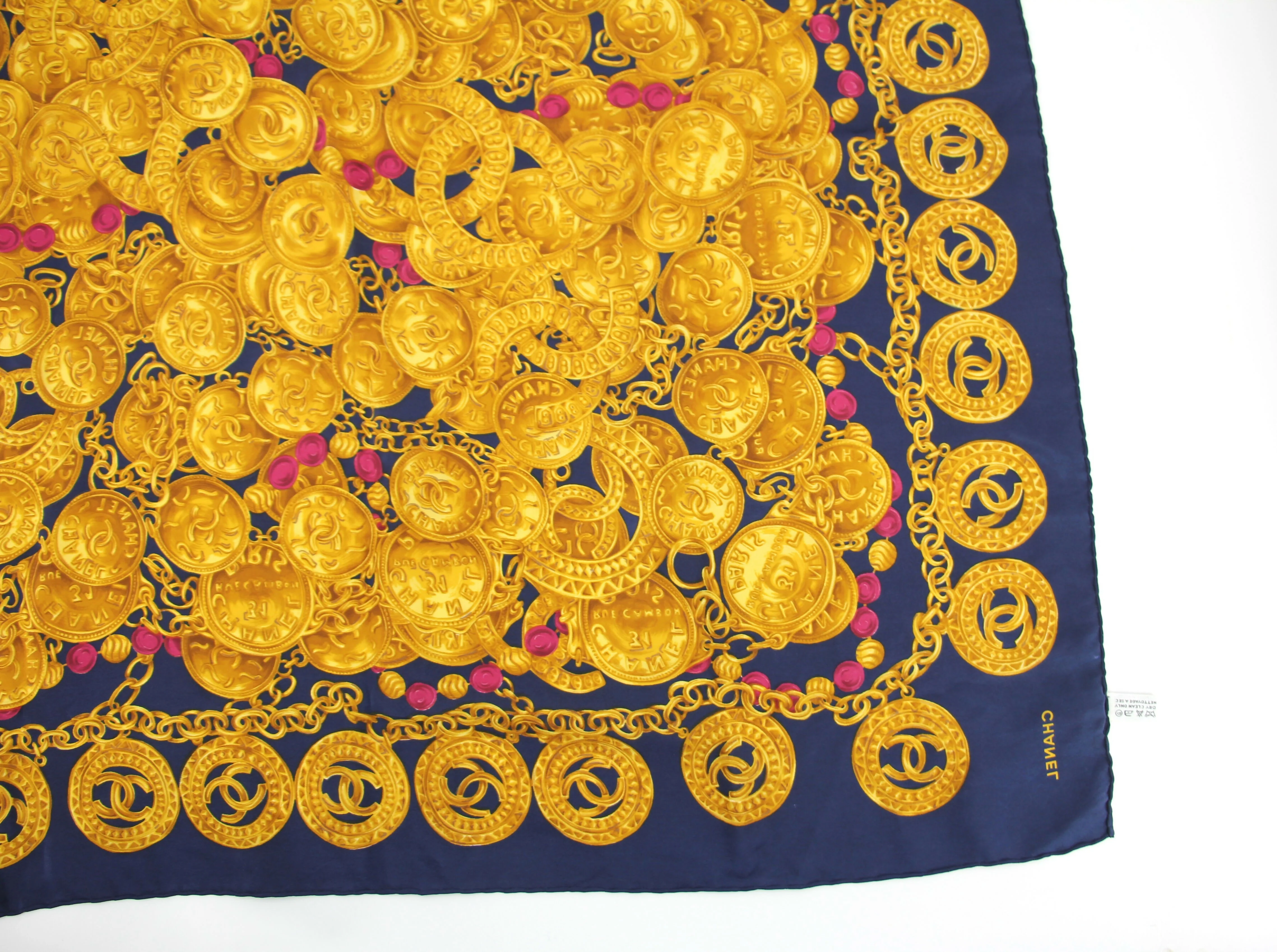 Chanel 100% Silk Navy Blue Chain and Gold Coin Pattern Scarf - Image 4