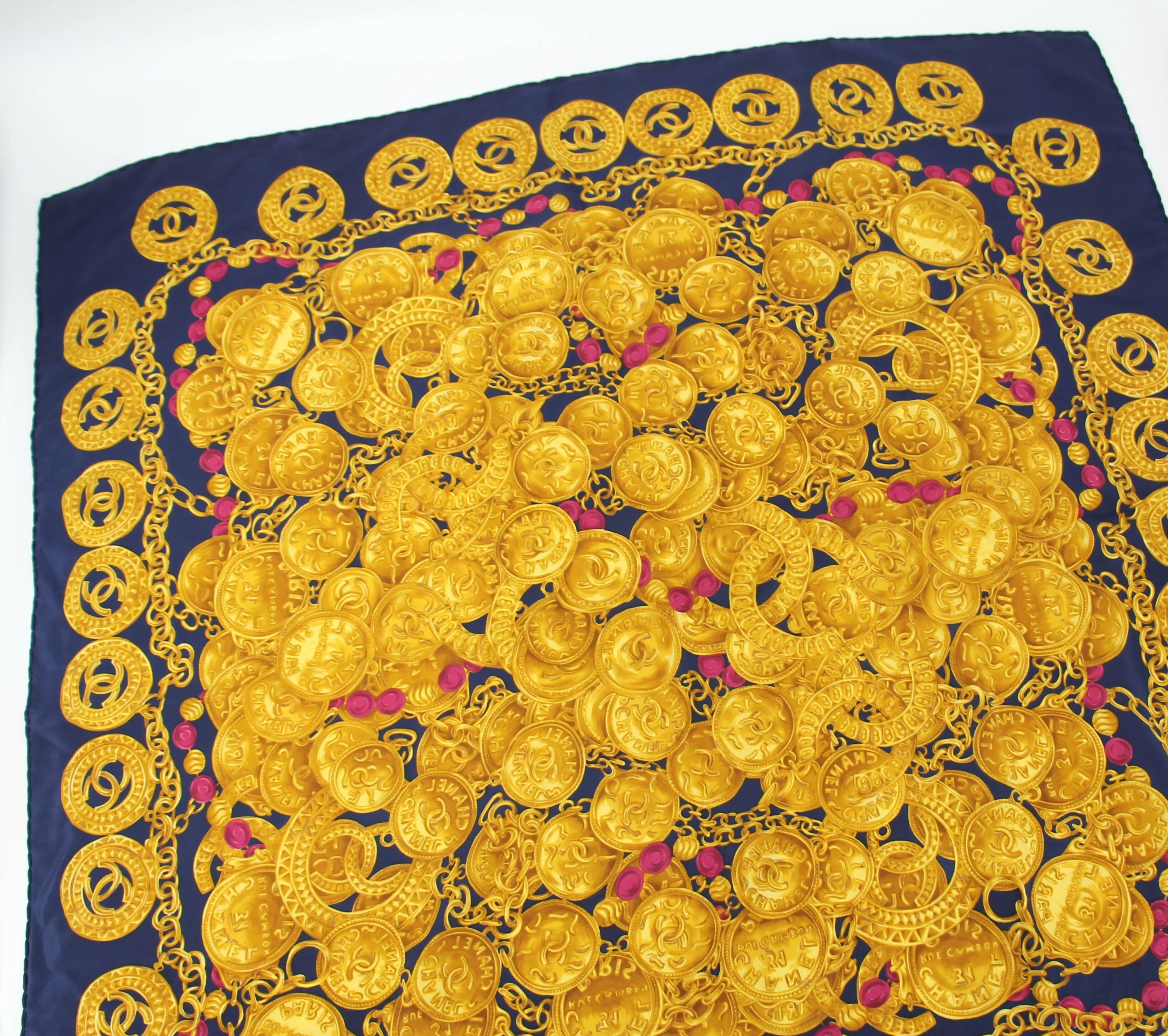 Chanel 100% Silk Navy Blue Chain and Gold Coin Pattern Scarf - Image 7