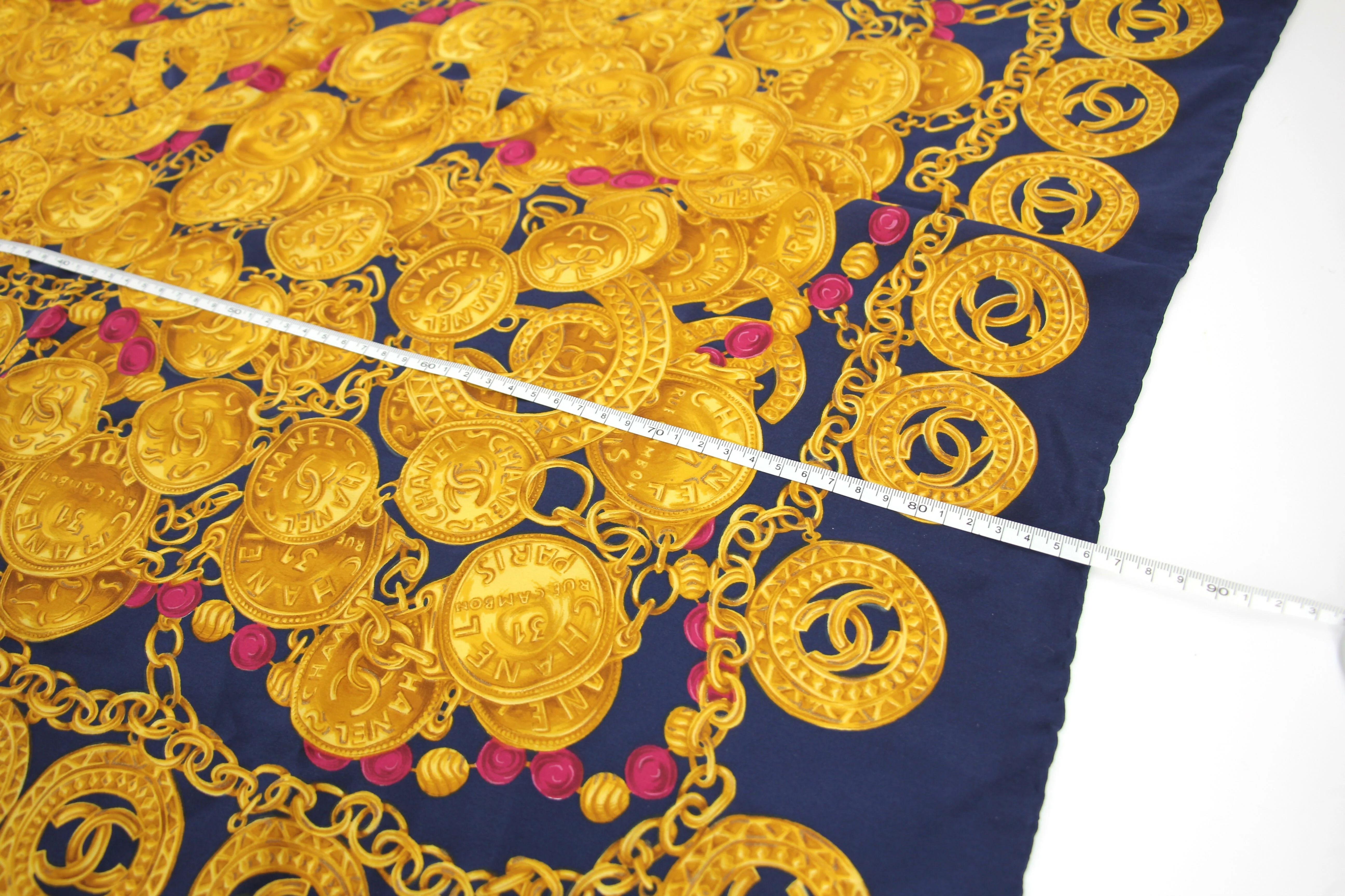 Chanel 100% Silk Navy Blue Chain and Gold Coin Pattern Scarf - Image 9