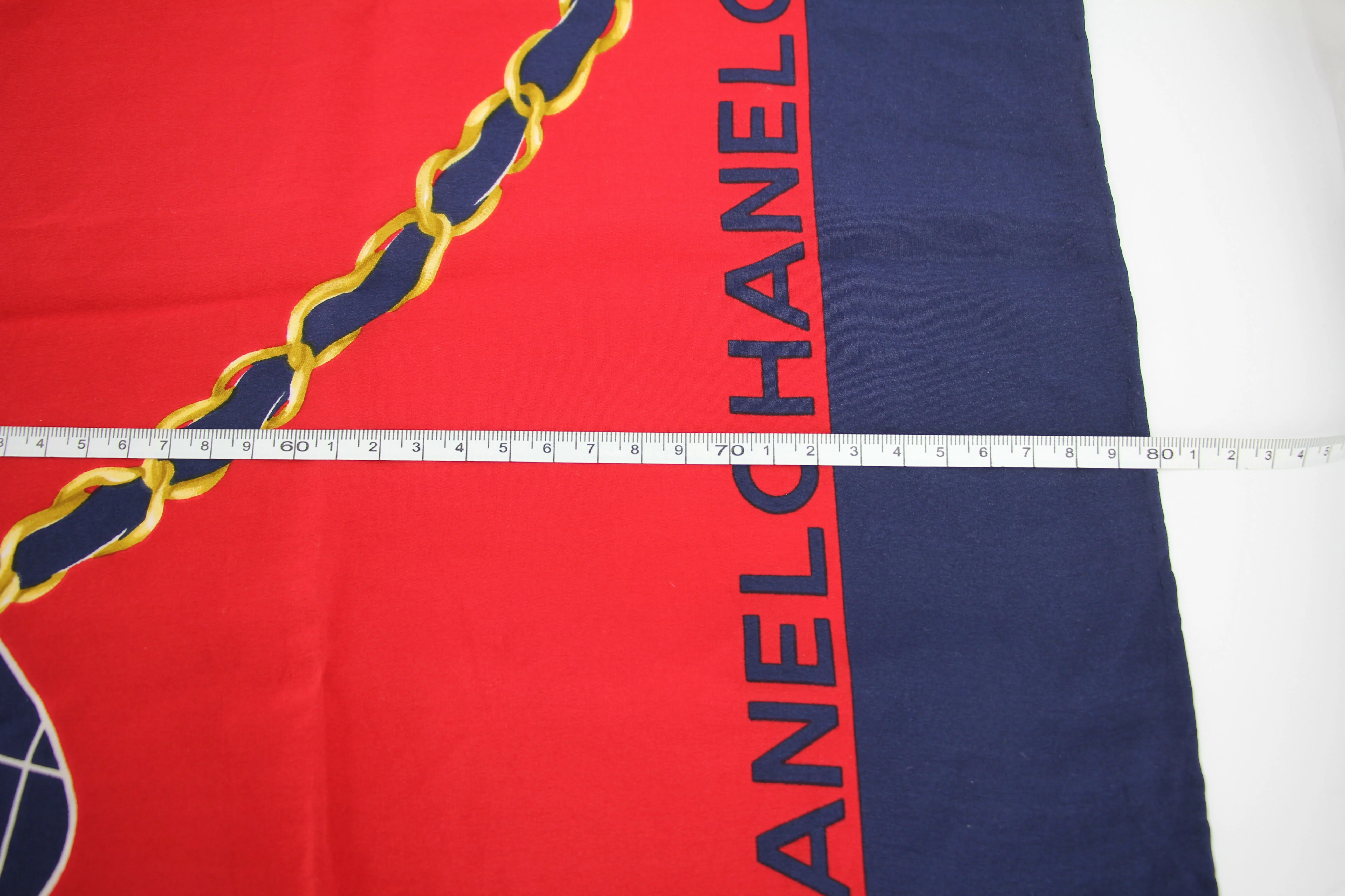 Chanel 100% Silk Navy Red Bag Pattern Scarf - Image 10