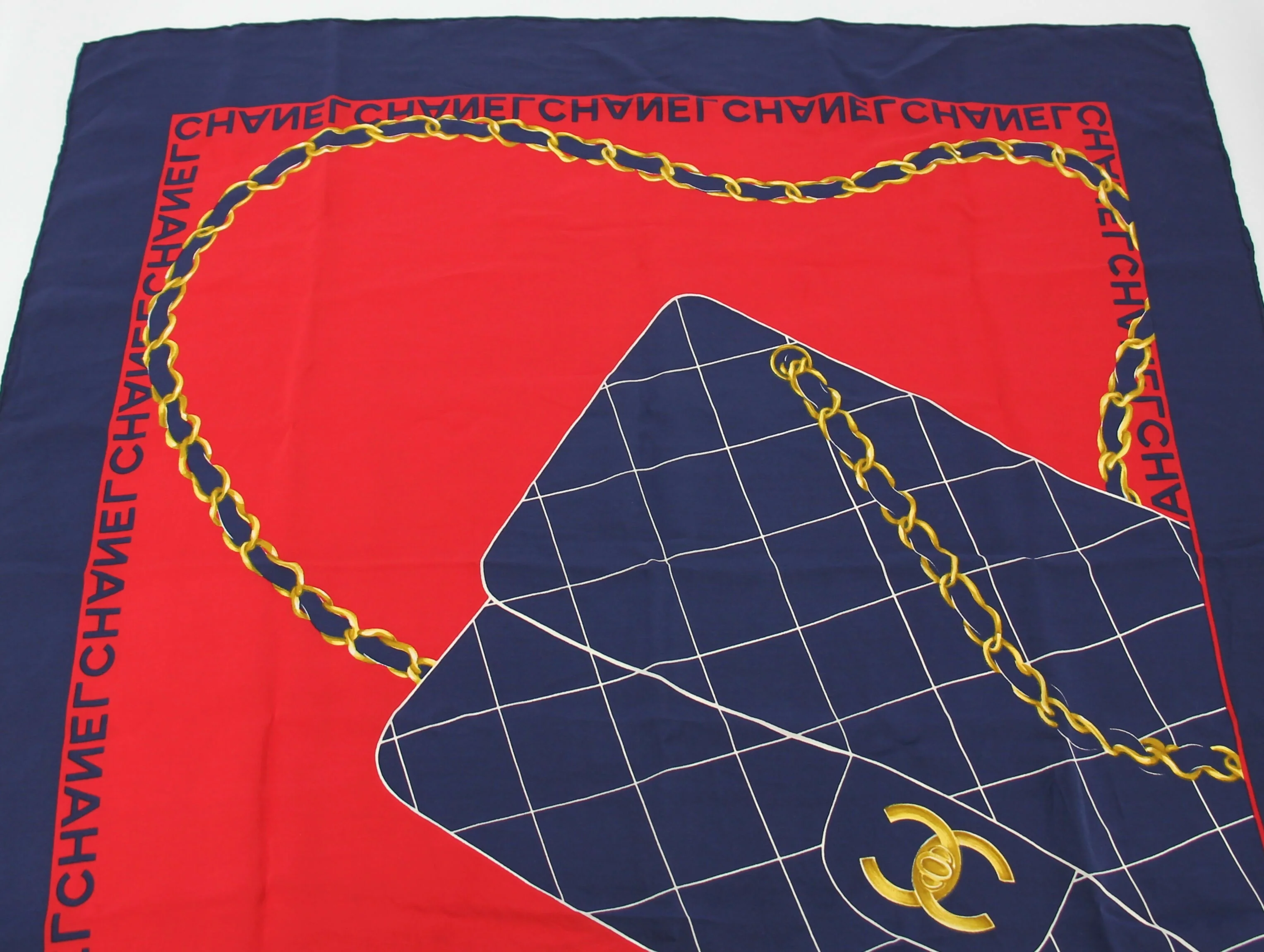 Chanel 100% Silk Navy Red Bag Pattern Scarf - Image 2