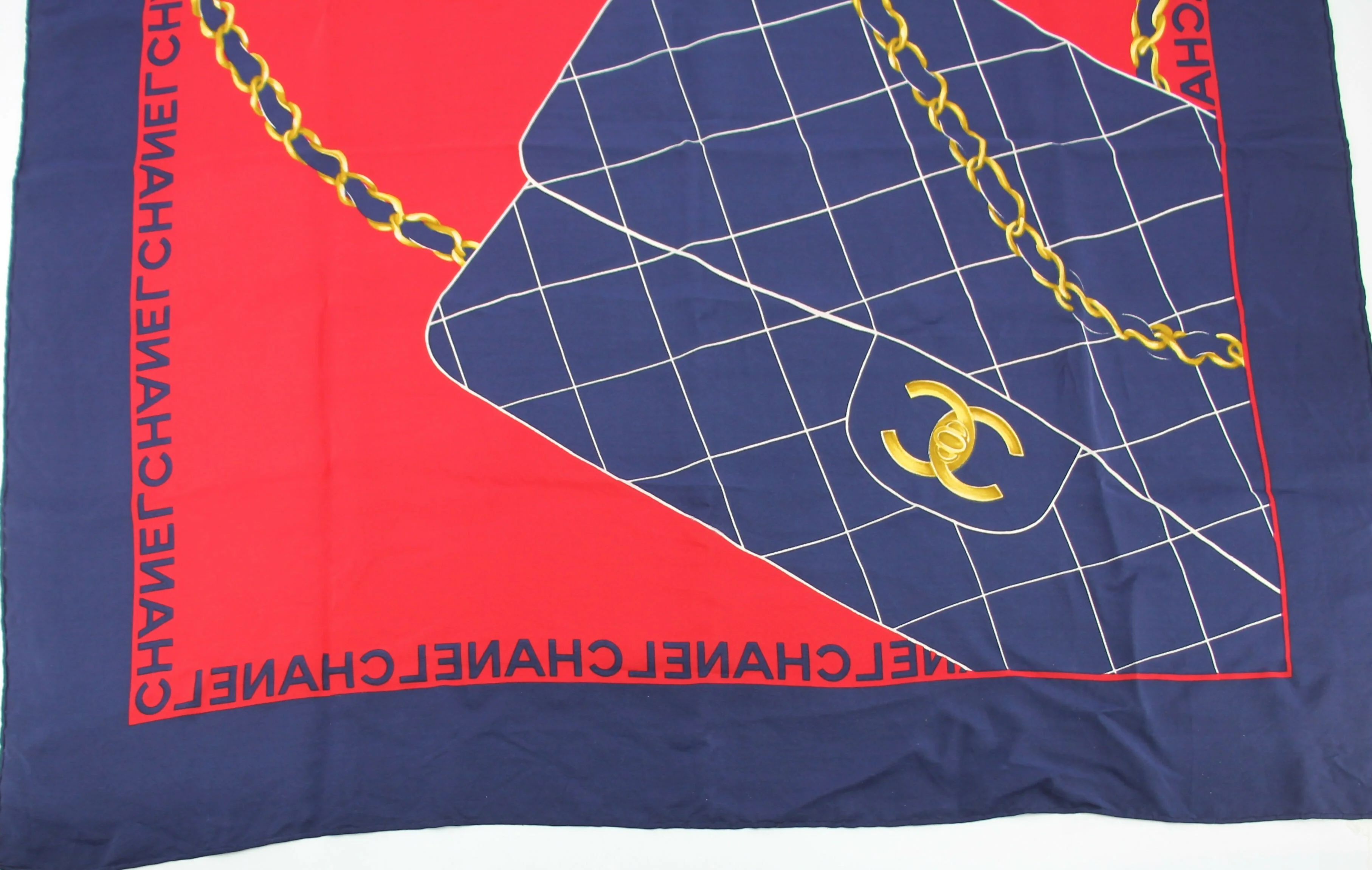 Chanel 100% Silk Navy Red Bag Pattern Scarf - Image 3