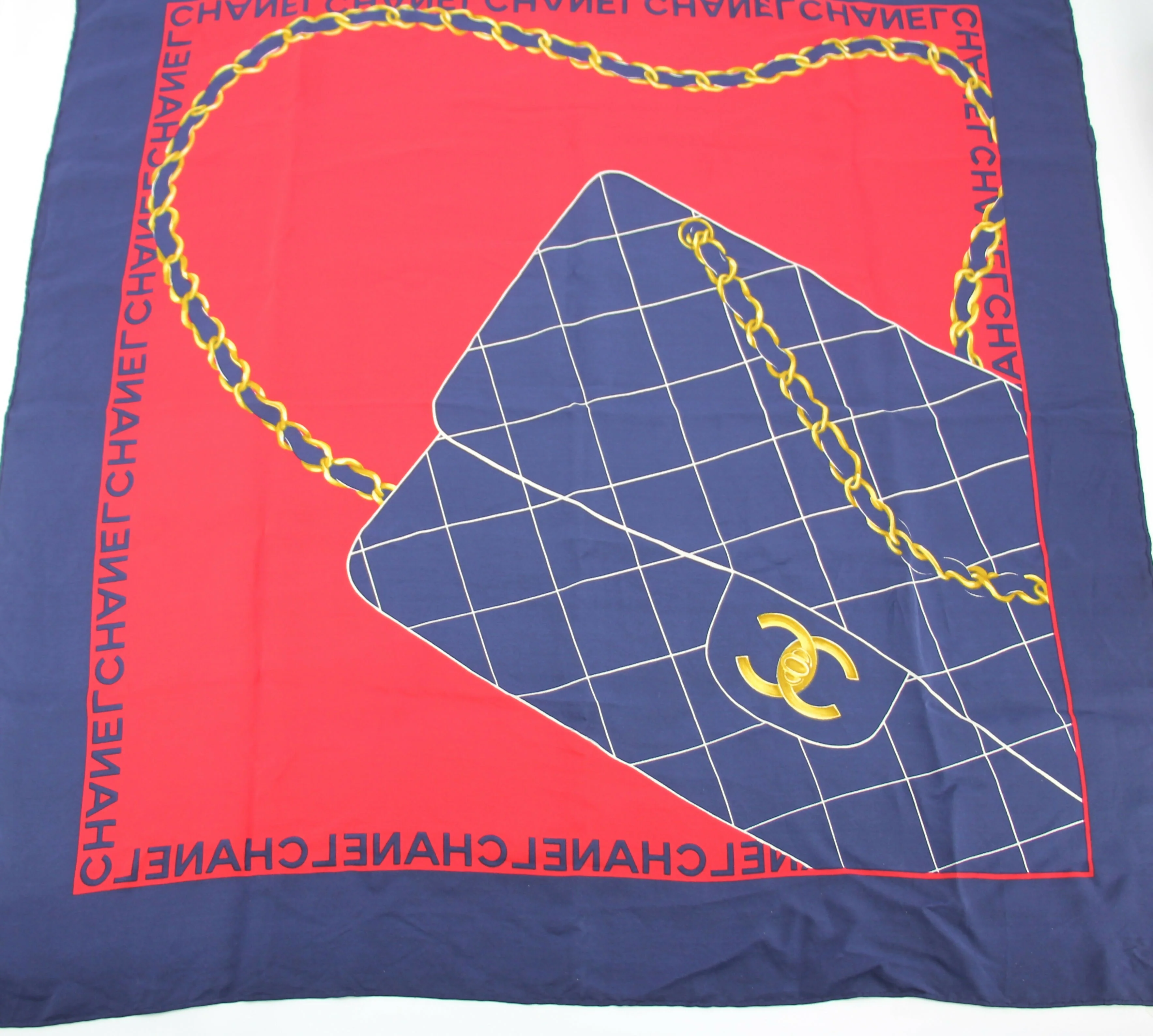 Chanel 100% Silk Navy Red Bag Pattern Scarf - Image 4