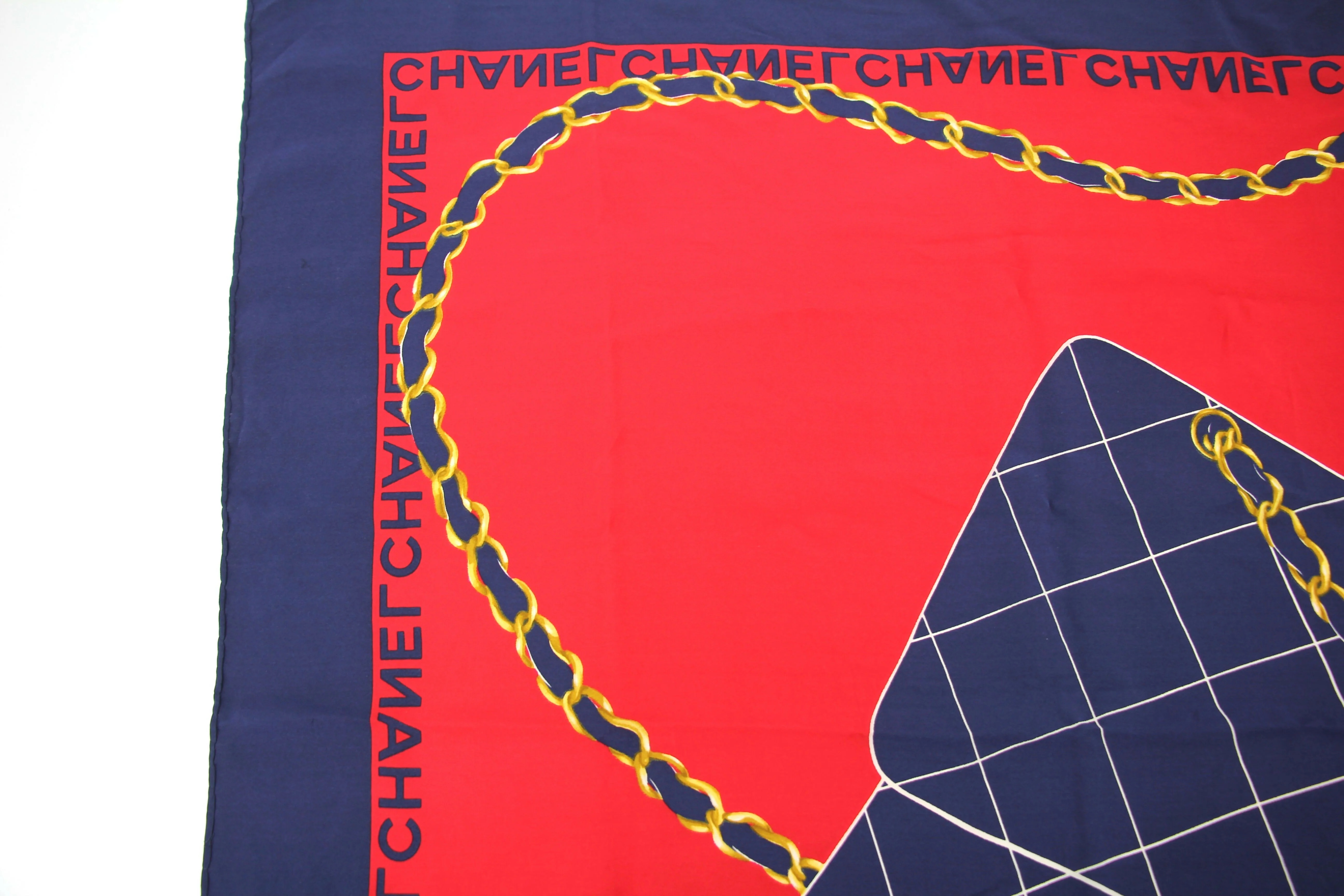 Chanel 100% Silk Navy Red Bag Pattern Scarf - Image 5