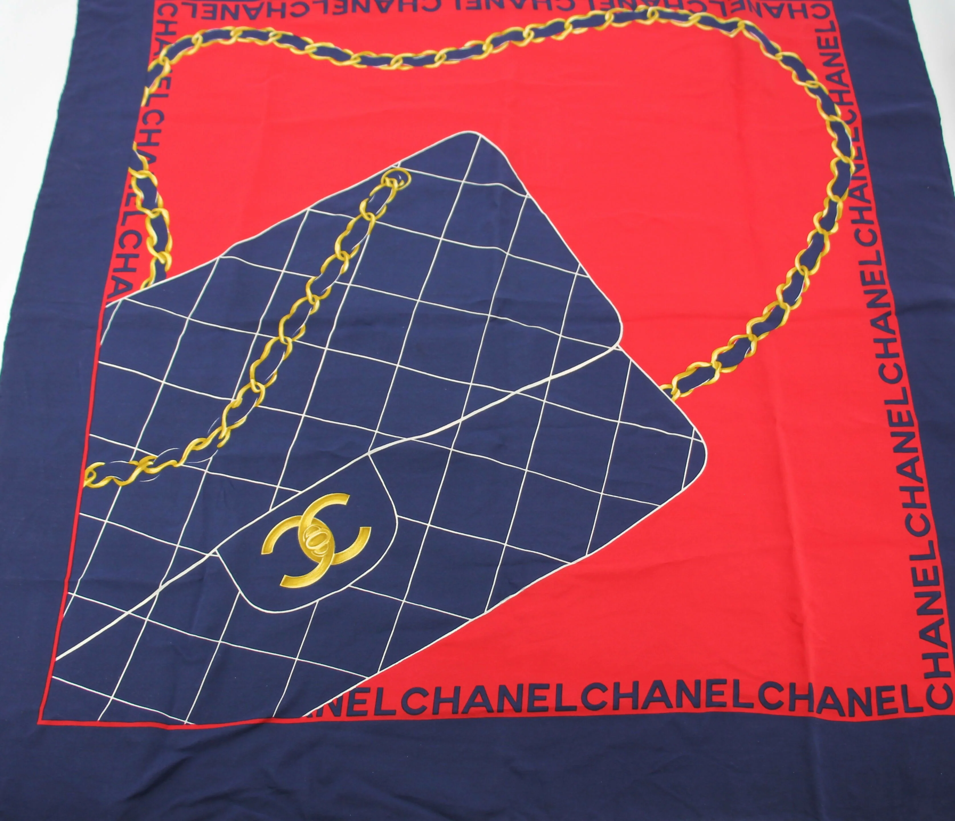 Chanel 100% Silk Navy Red Bag Pattern Scarf - Image 7