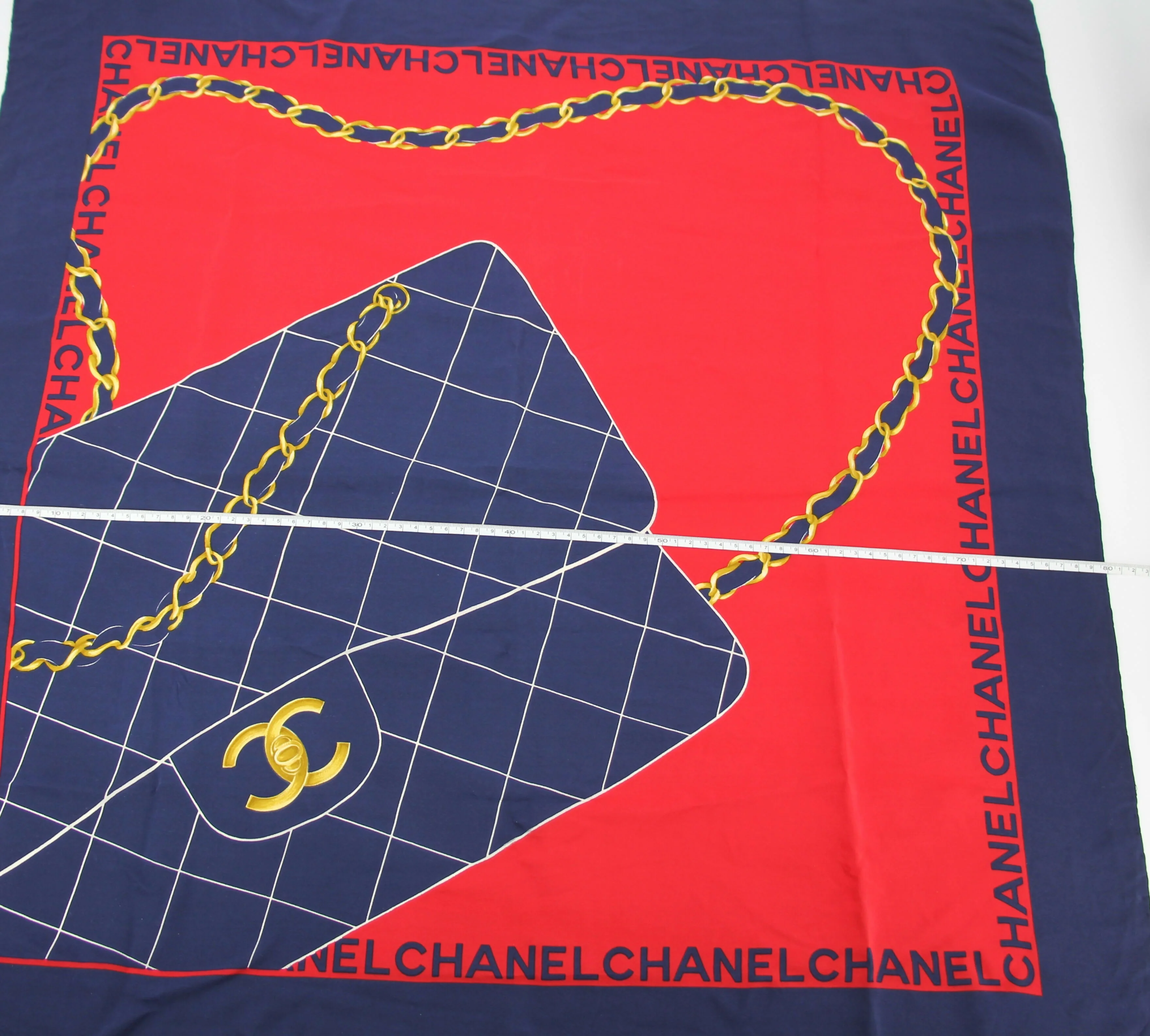 Chanel 100% Silk Navy Red Bag Pattern Scarf - Image 9