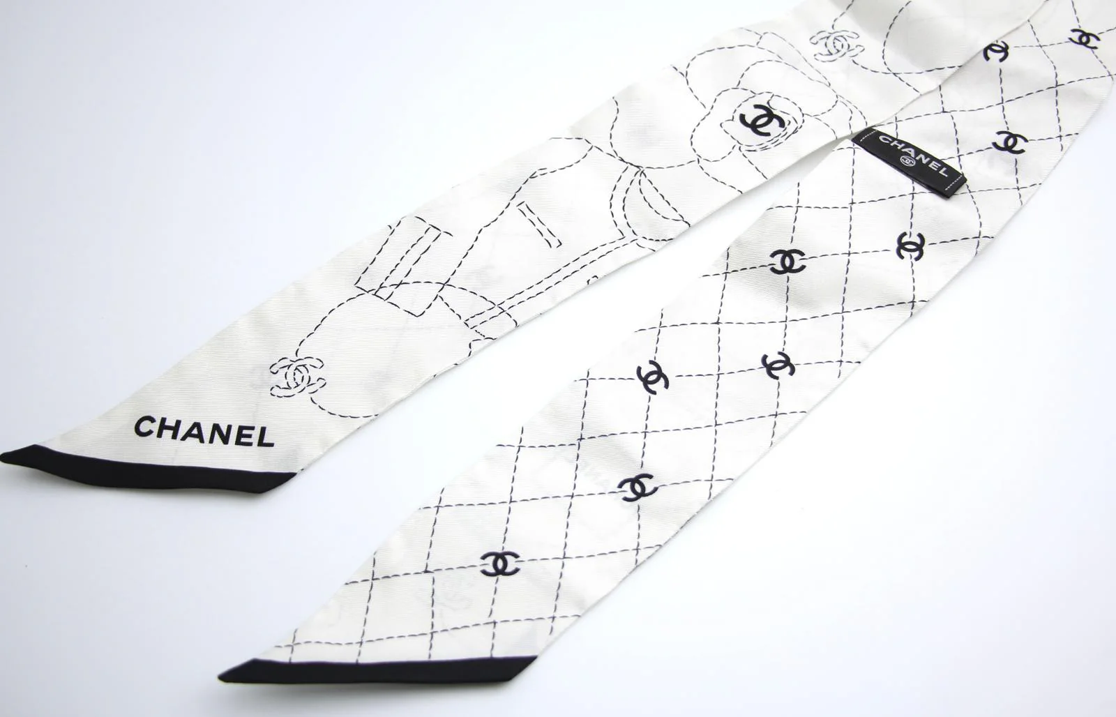 Chanel 100 Silk Slim Bandeau Coco Logo Twilly Scarf In Black And White - Image 10