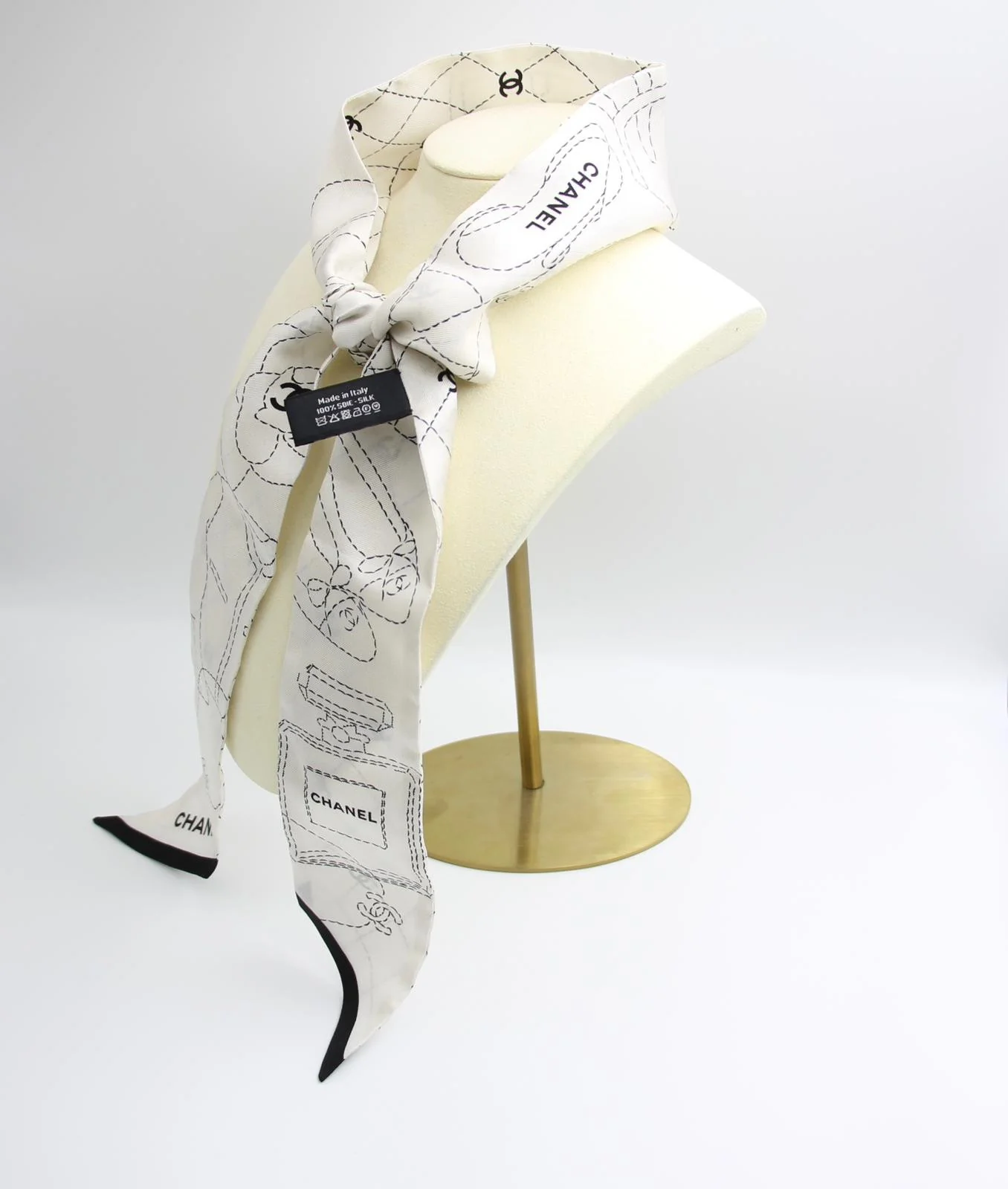 Chanel 100 Silk Slim Bandeau Coco Logo Twilly Scarf In Black And White - Image 13