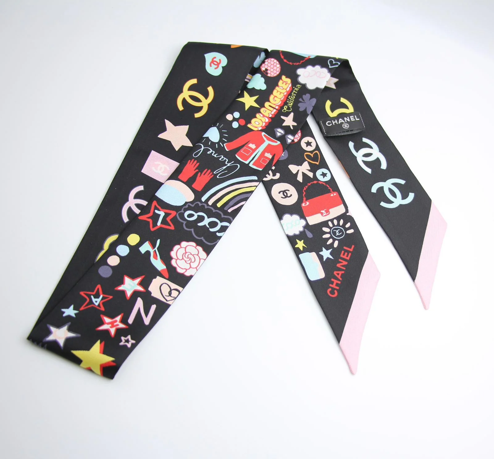 Chanel 100 Silk Twilly Cc Mark Scarf In Black