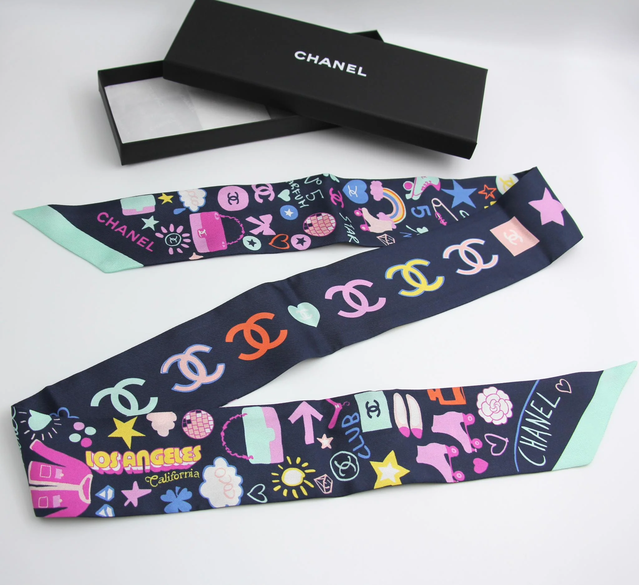 Chanel 100 Silk Twilly Cc Mark Scarf In Navy Blue - Image 13