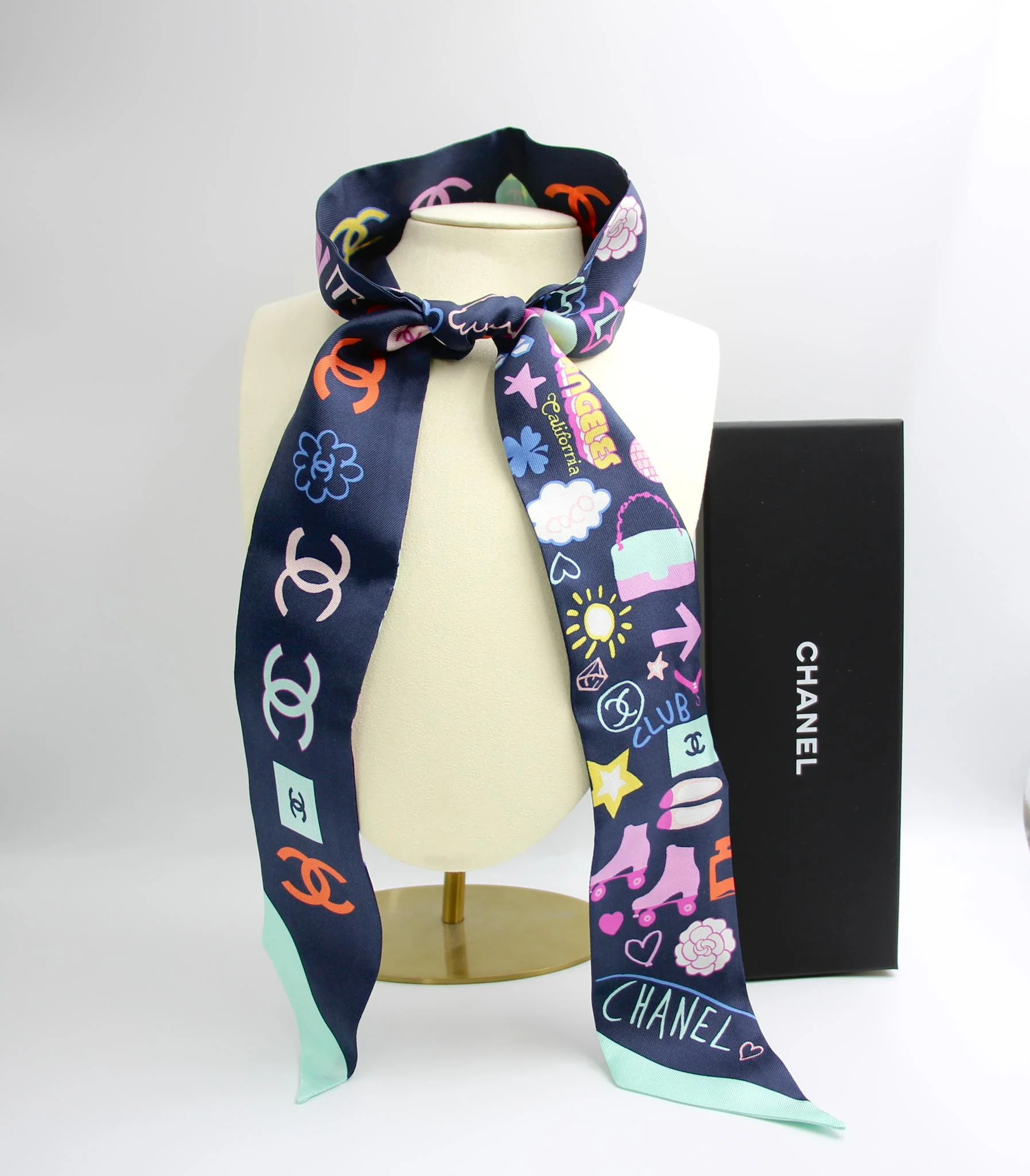 Chanel 100 Silk Twilly Cc Mark Scarf In Navy Blue - Image 2
