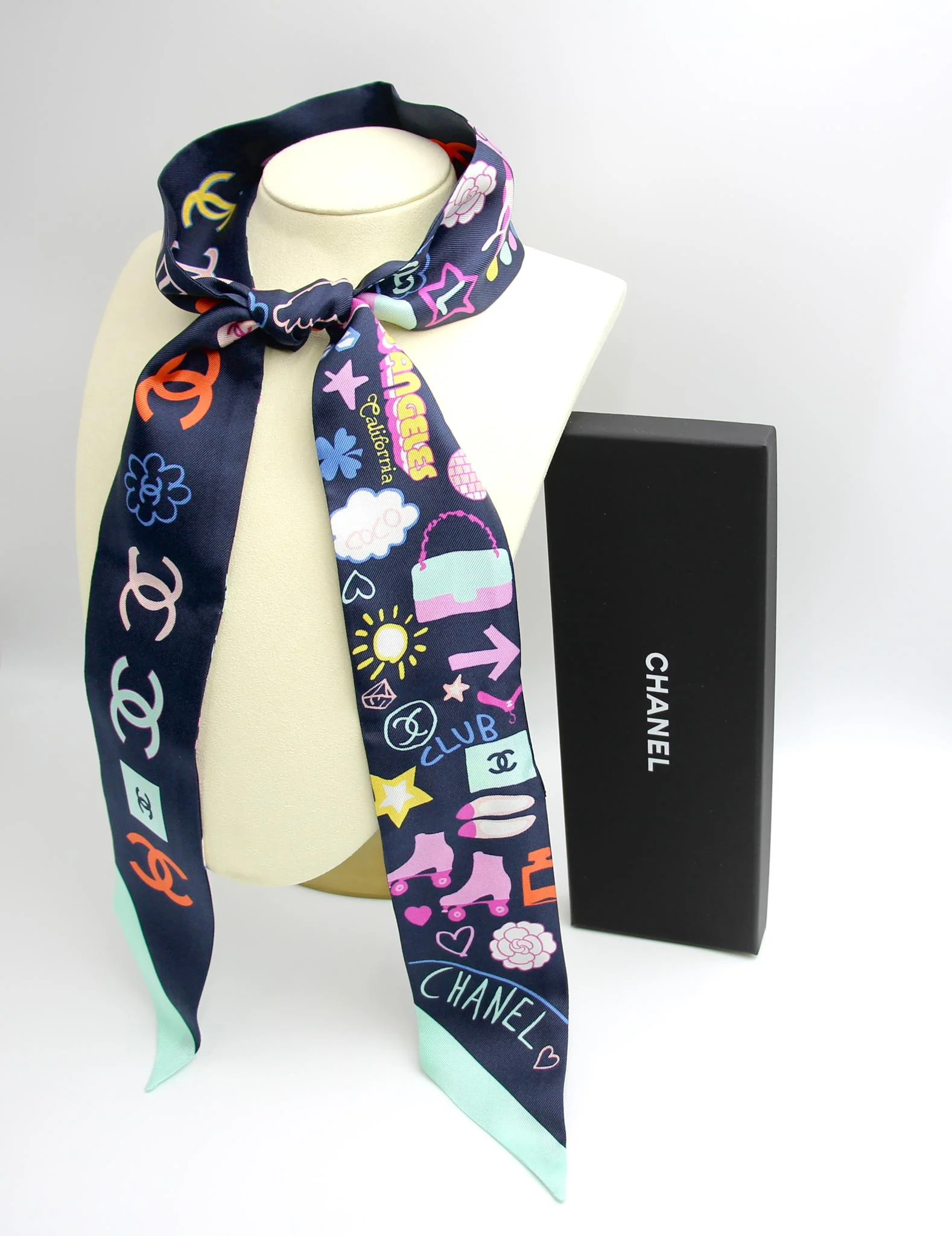 Chanel 100 Silk Twilly Cc Mark Scarf In Navy Blue - Image 3