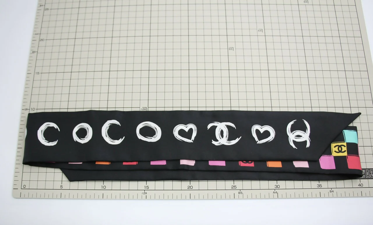 CHANEL 100% Silk Twilly Checkered Pattern CC Logo Scarf in Black and Multicolour - Image 10