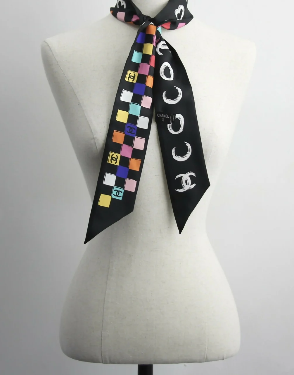 CHANEL 100% Silk Twilly Checkered Pattern CC Logo Scarf in Black and Multicolour - Image 2