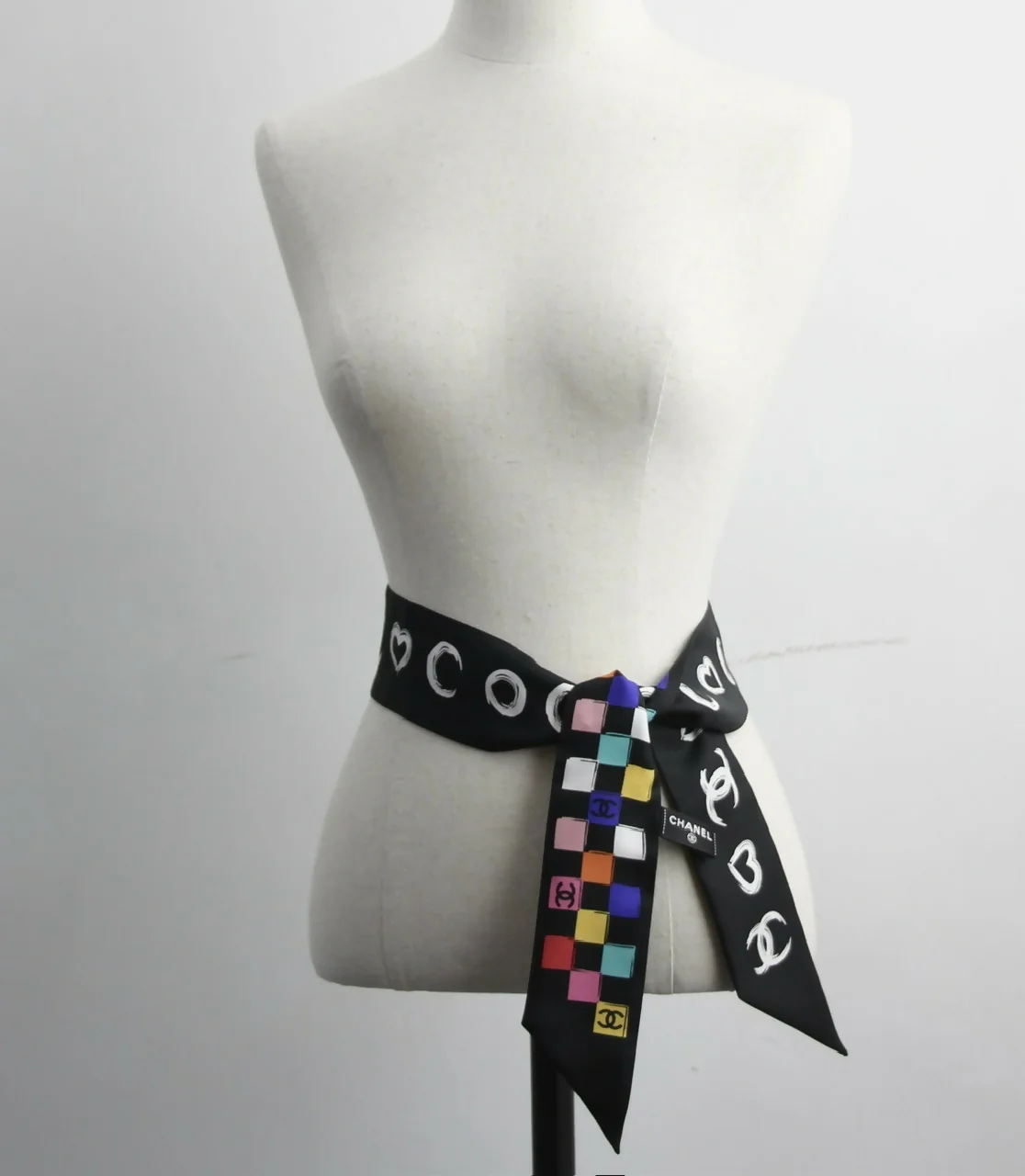 CHANEL 100% Silk Twilly Checkered Pattern CC Logo Scarf in Black and Multicolour - Image 3