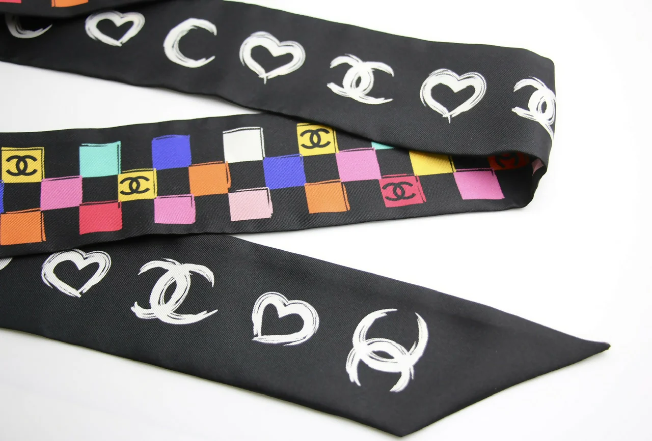 CHANEL 100% Silk Twilly Checkered Pattern CC Logo Scarf in Black and Multicolour - Image 4