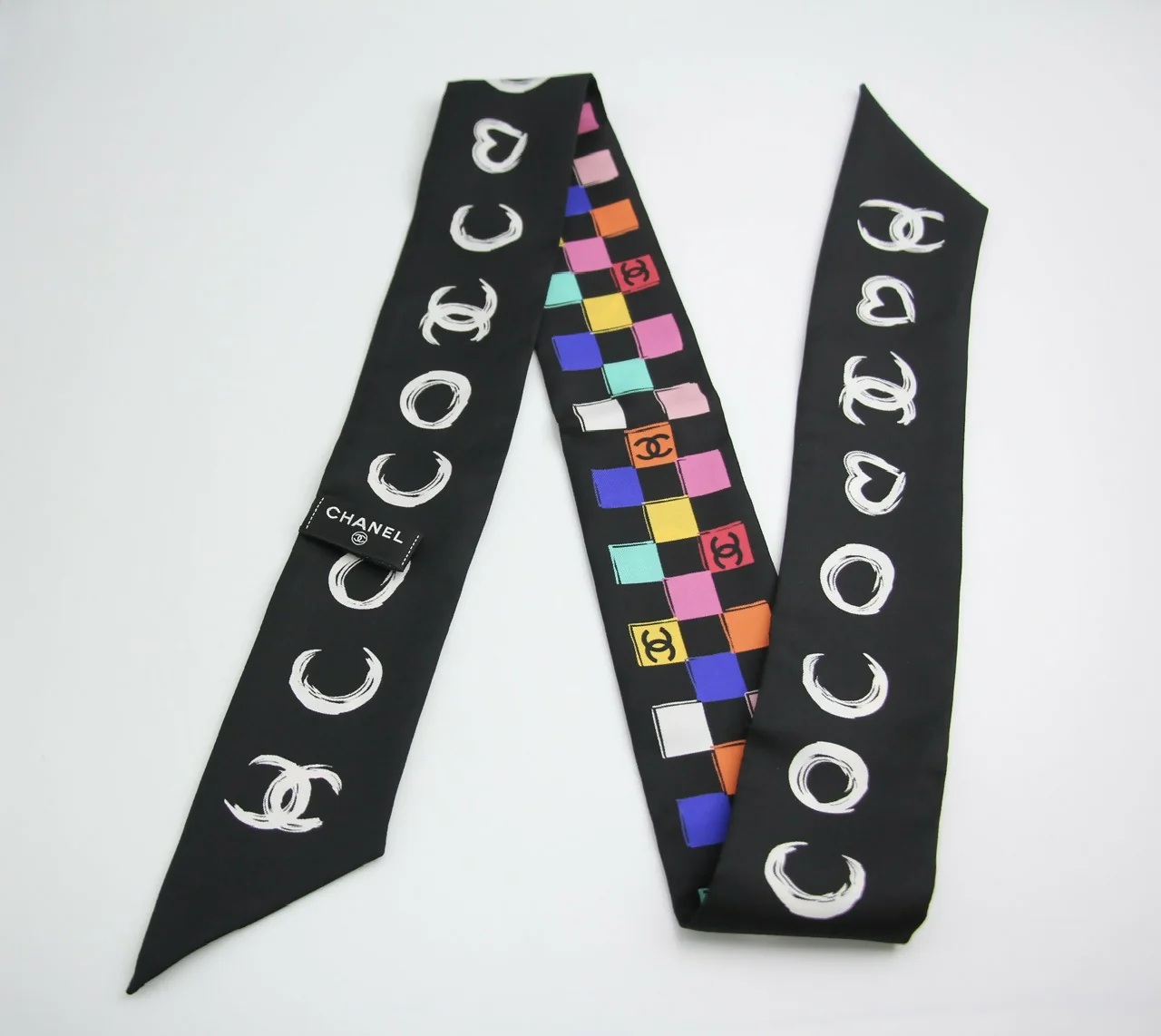 CHANEL 100% Silk Twilly Checkered Pattern CC Logo Scarf in Black and Multicolour - Image 5
