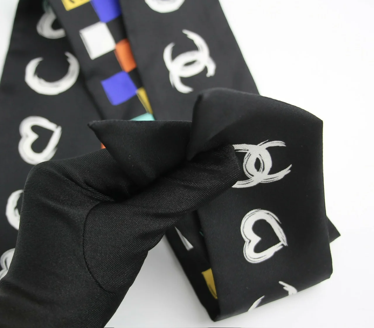 CHANEL 100% Silk Twilly Checkered Pattern CC Logo Scarf in Black and Multicolour - Image 6