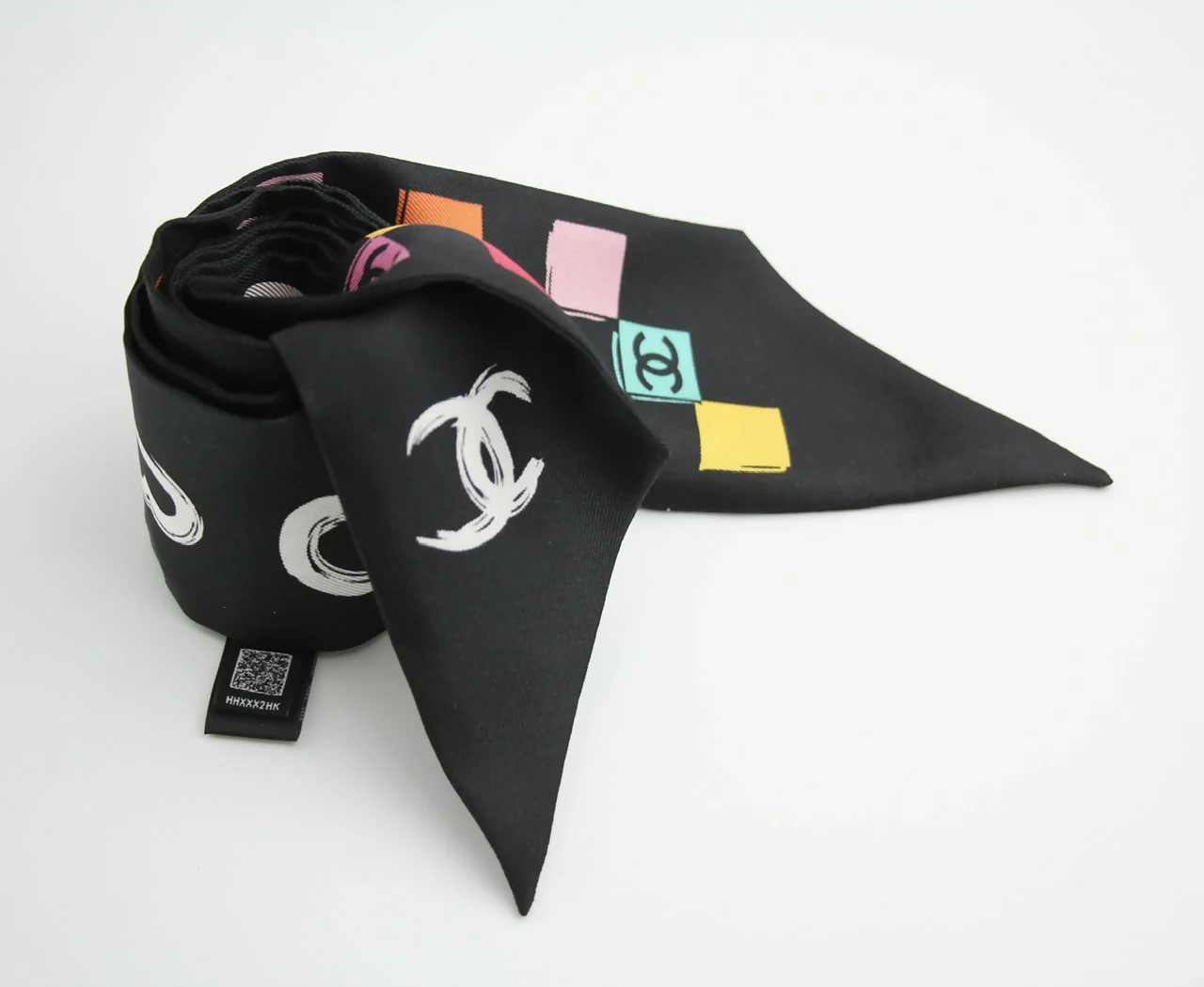 CHANEL 100% Silk Twilly Checkered Pattern CC Logo Scarf in Black and Multicolour - Image 7