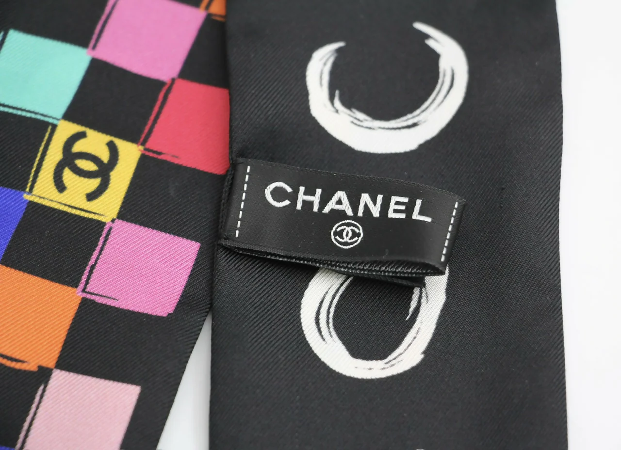 CHANEL 100% Silk Twilly Checkered Pattern CC Logo Scarf in Black and Multicolour - Image 8