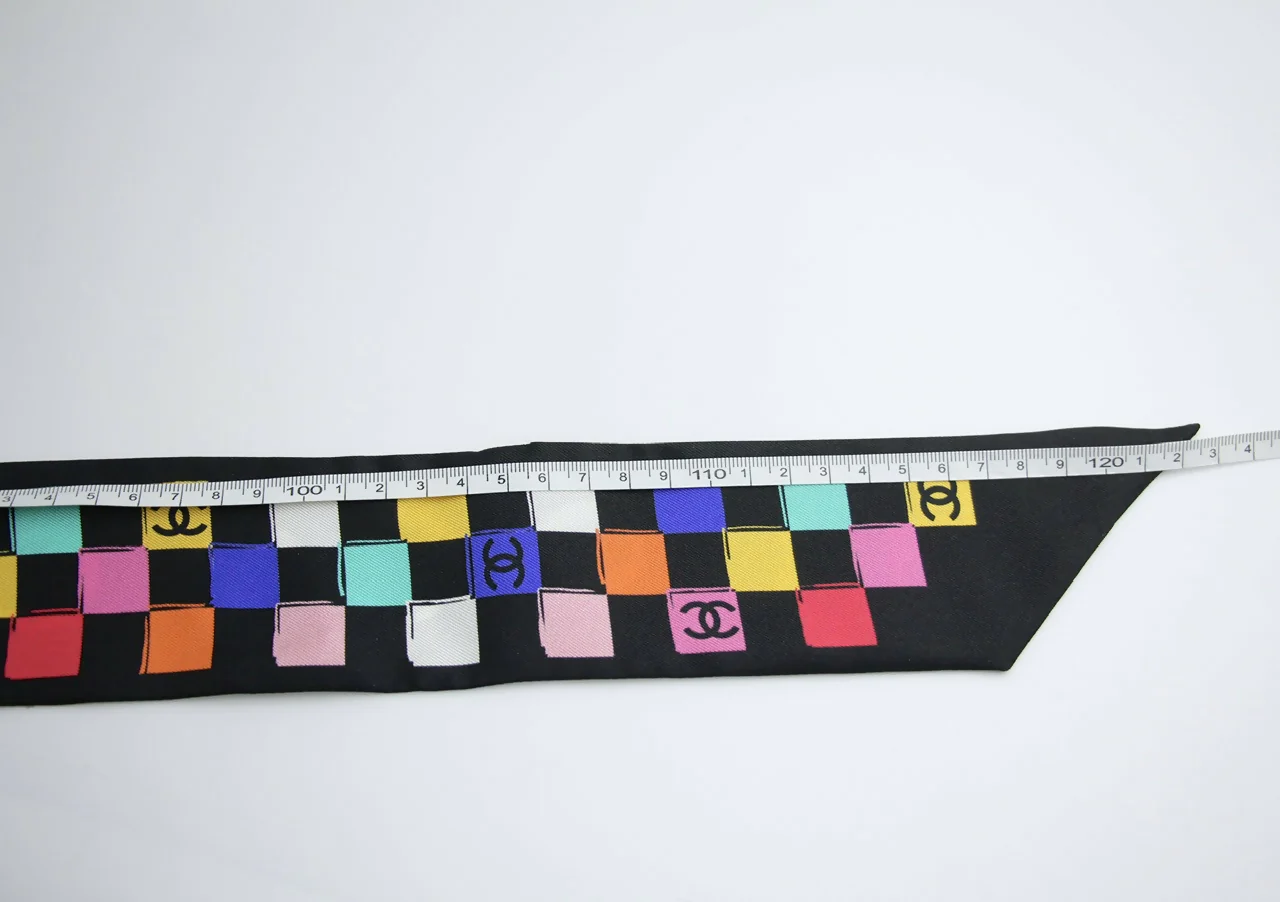 CHANEL 100% Silk Twilly Checkered Pattern CC Logo Scarf in Black and Multicolour - Image 9